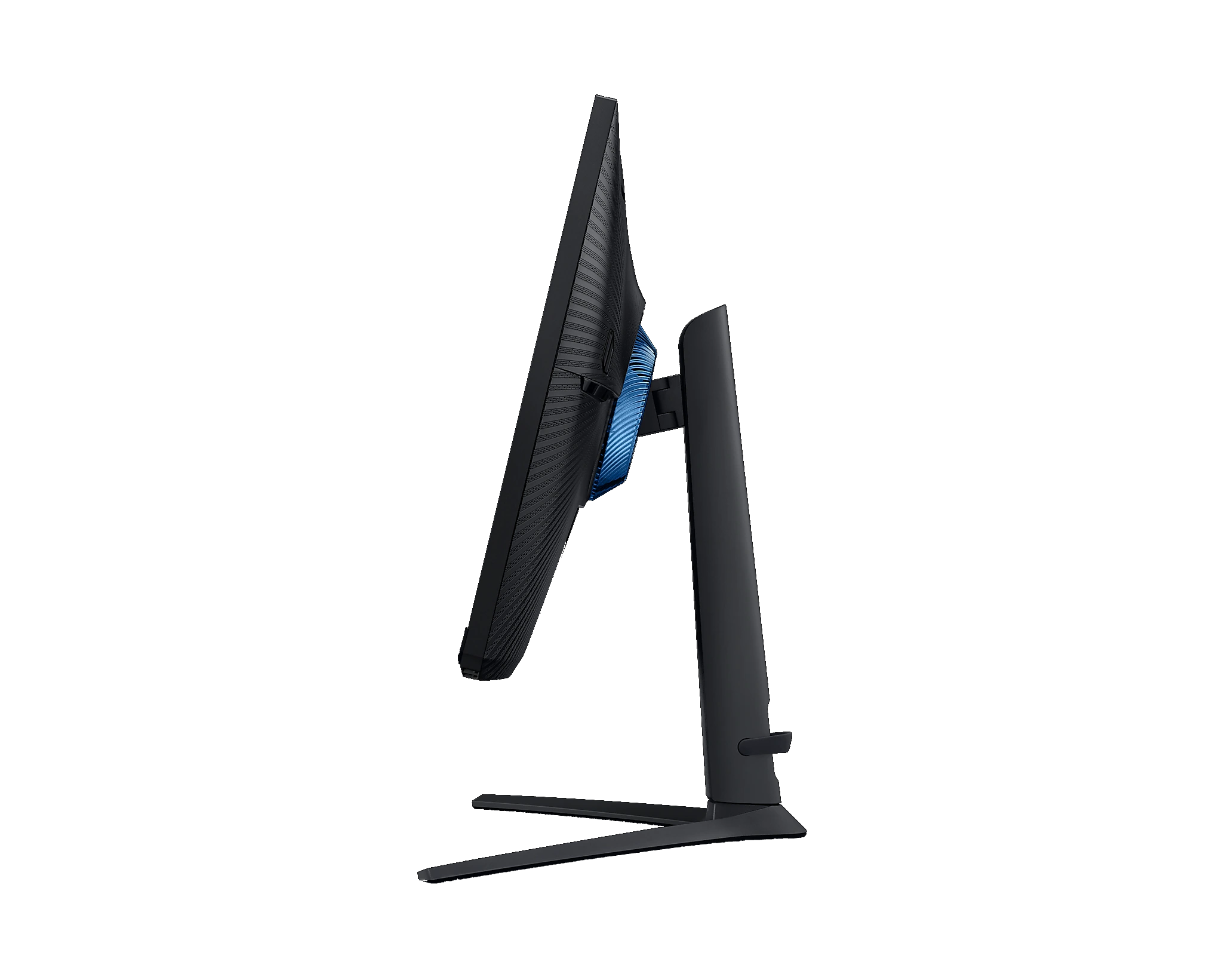 Vista lateral de un monitor negro, con un soporte azul y negro, sobre un fondo negro.