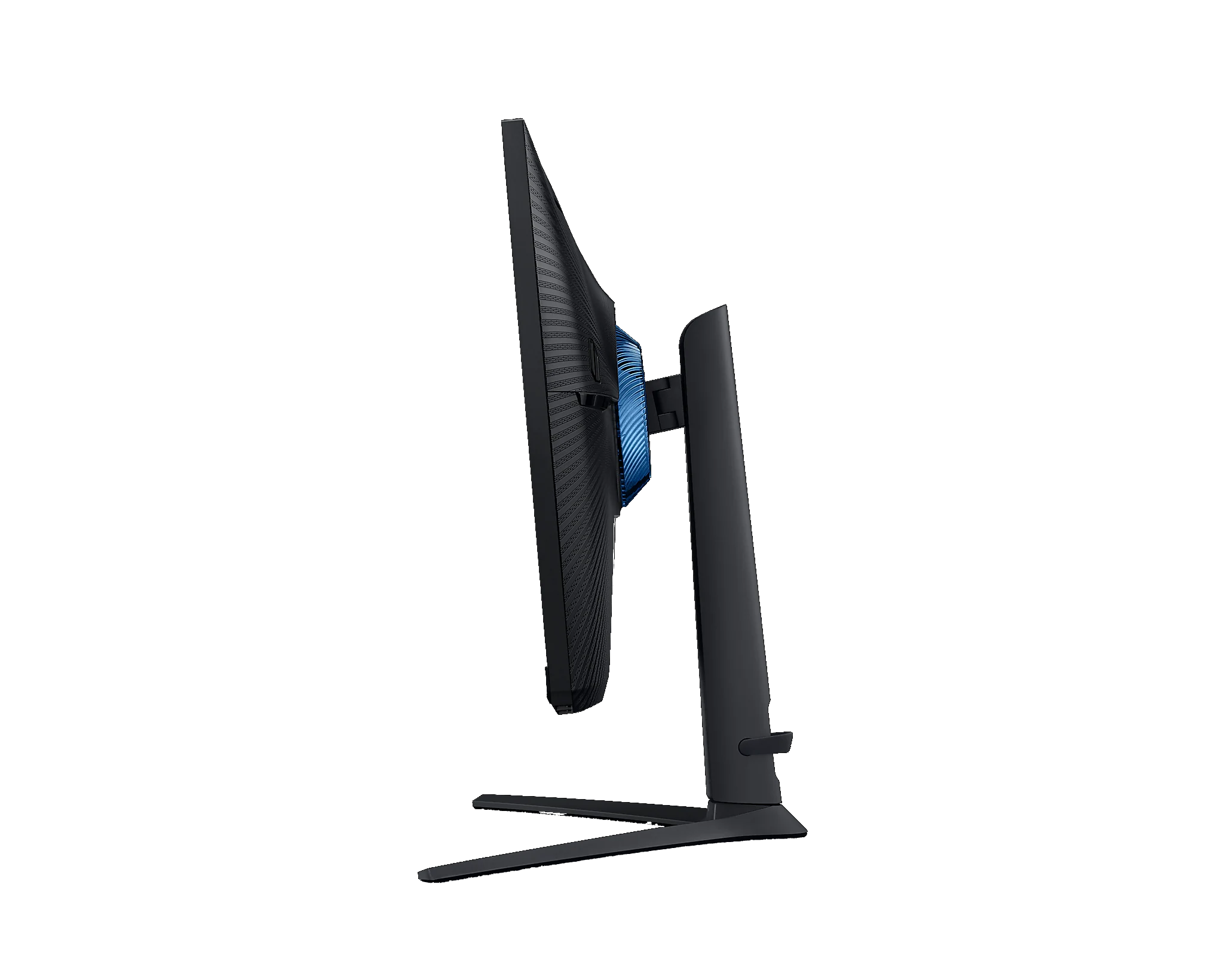 Vista lateral de monitor de juegos negro y azul sobre fondo negro.