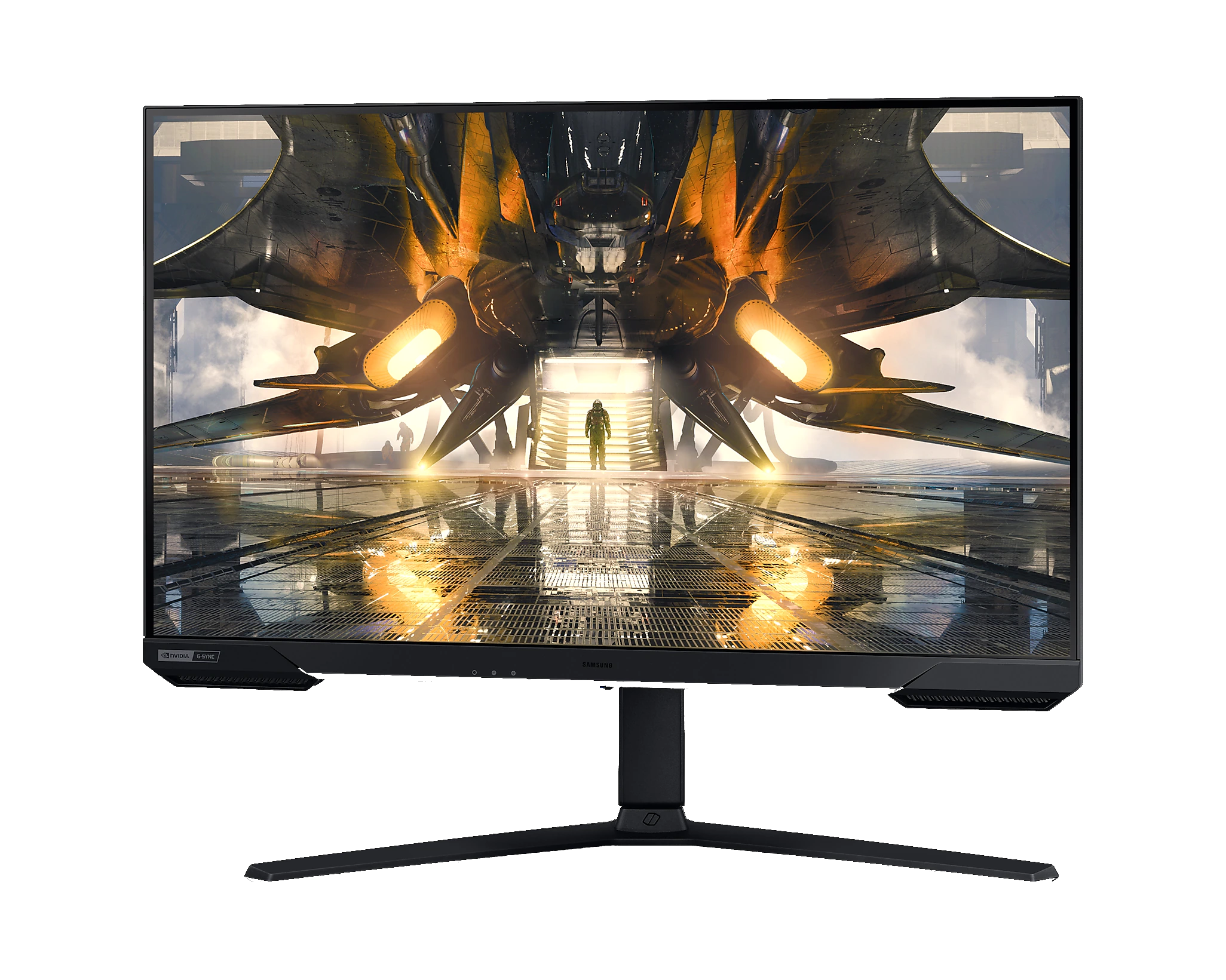 Un monitor negro con una escena de juego en la pantalla. Una nave espacial está en el fondo.