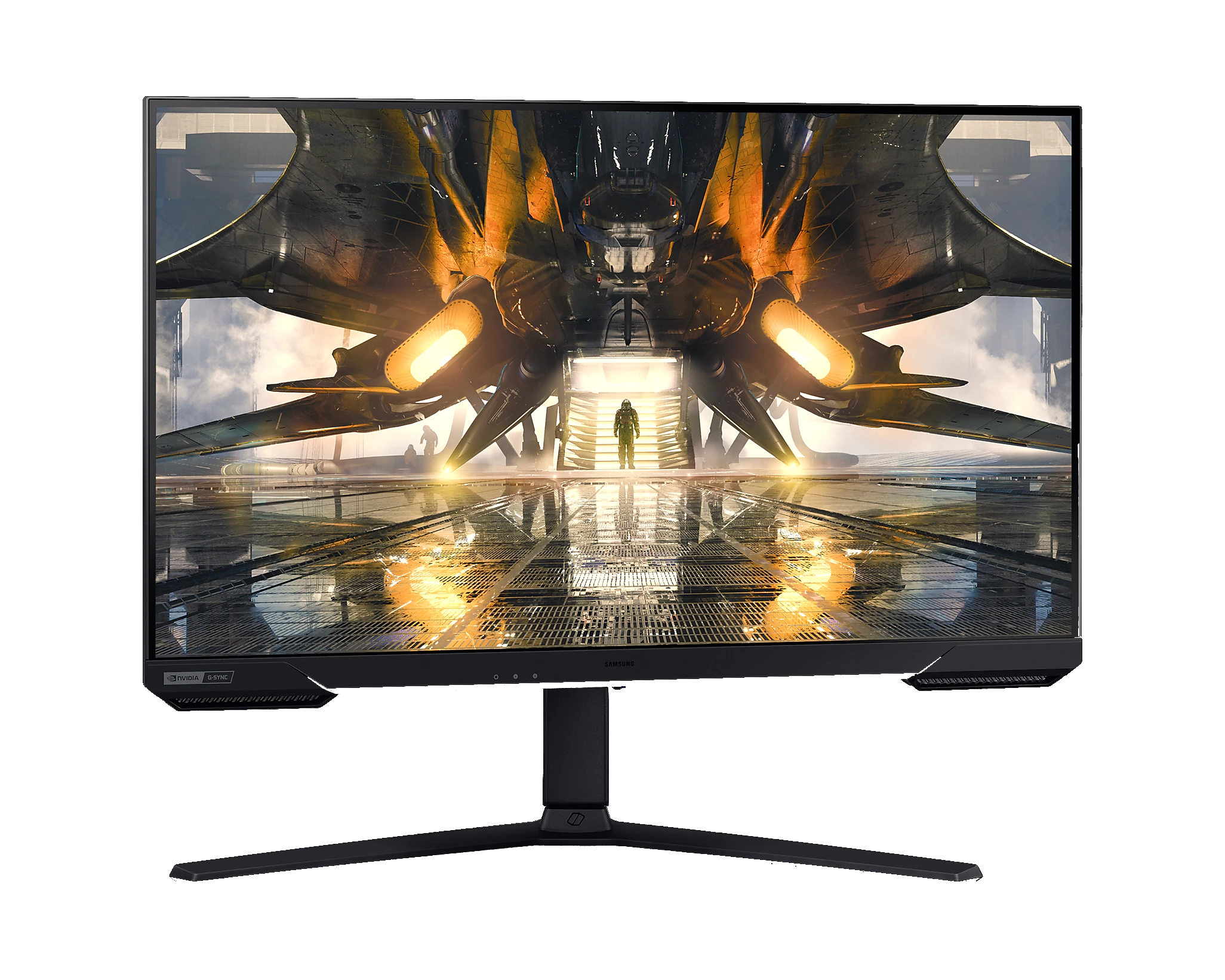 Monitor gaming mostrando una escena interior de nave espacial. El monitor es negro con soporte, sobre fondo negro.