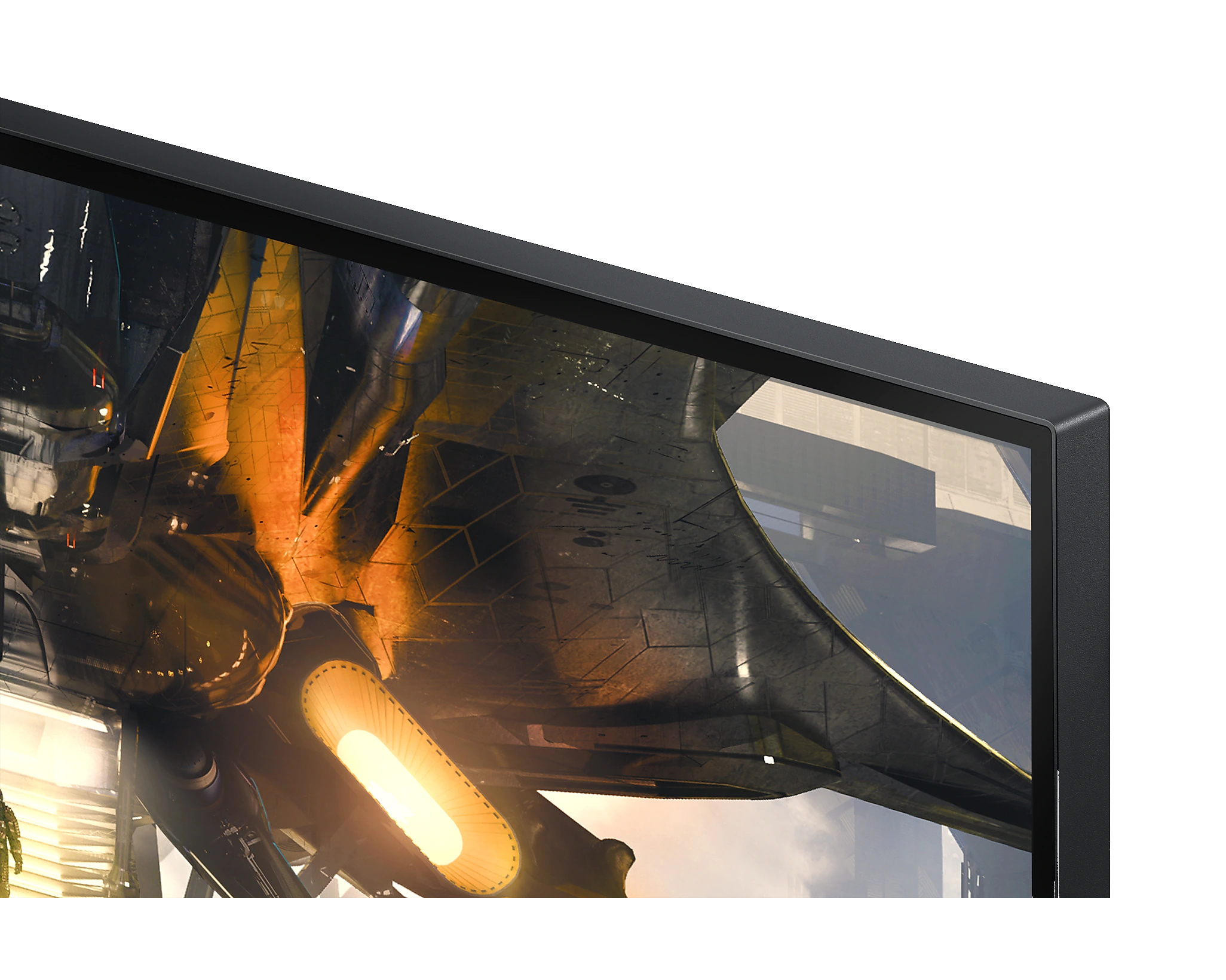 Detalle del monitor. Una nave espacial dispara con luces amarillas y naranjas brillantes en el fondo.