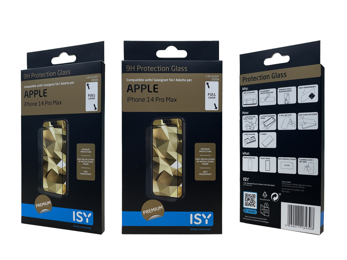 Drei iPhone 14 Pro Max Displayschutzboxen, Goldmuster auf den Handys. Boxen haben Produktinfos und Funktionen aufgelistet.