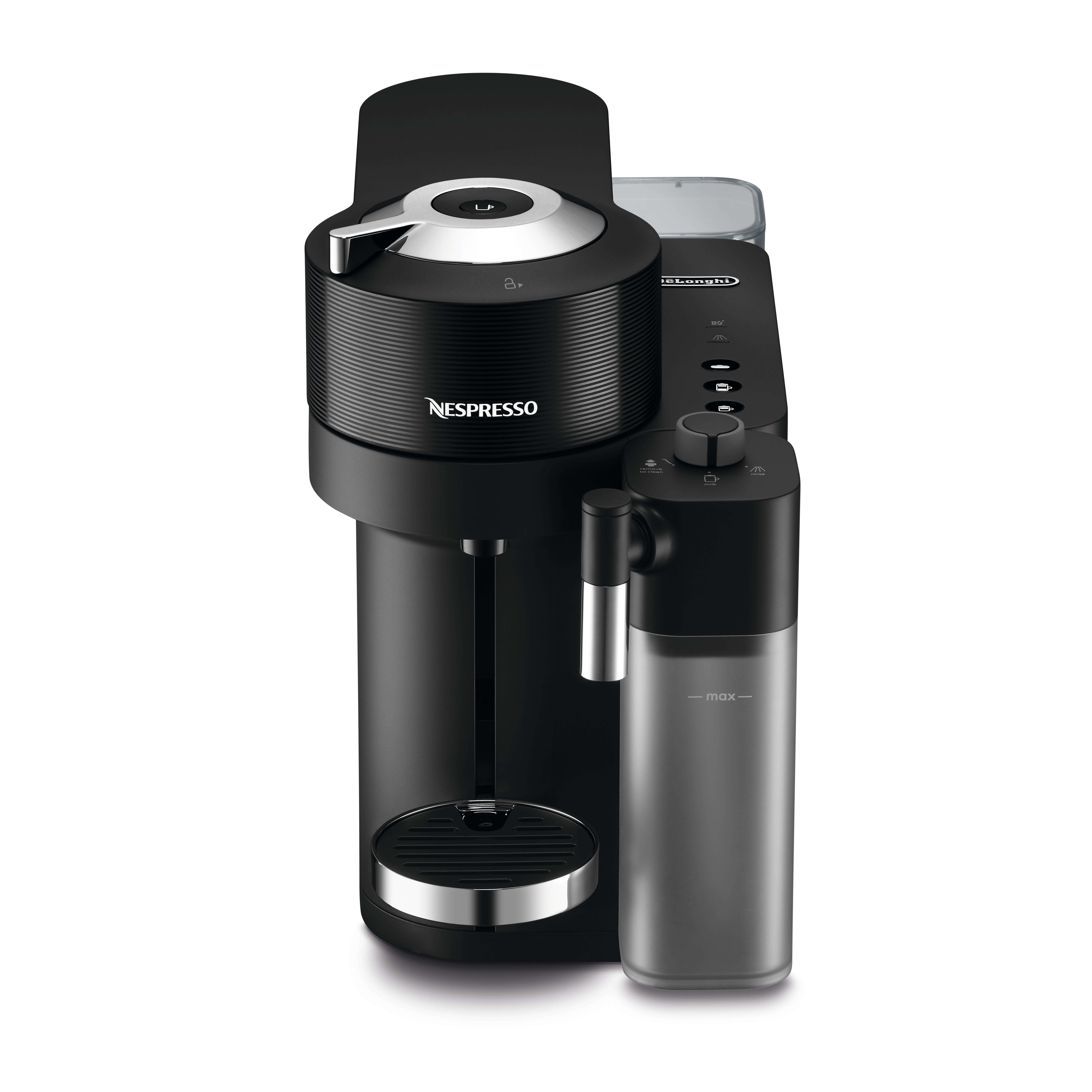 Schwarze Nespresso-Maschine mit Wassertank und Kaffeeausgabe.