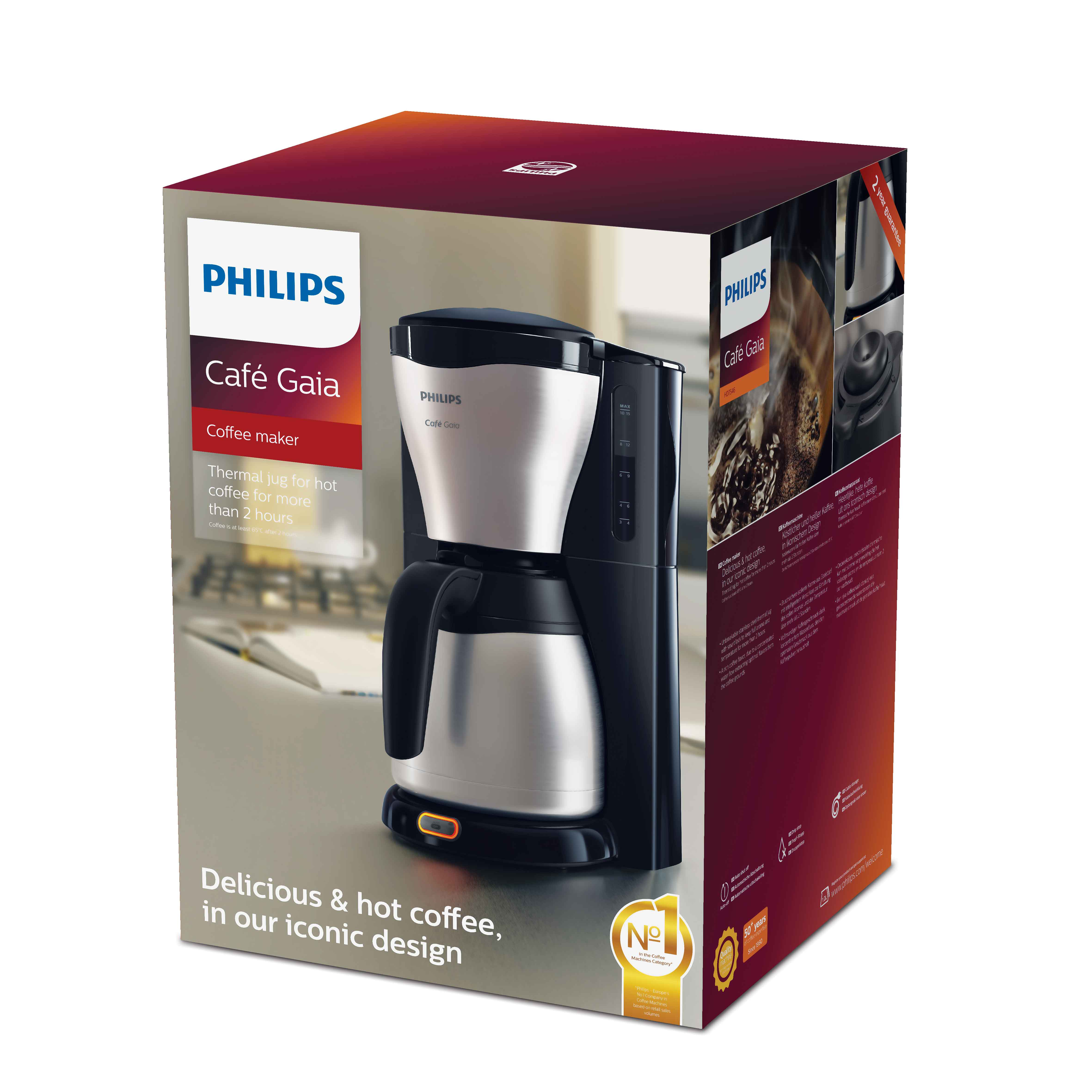 Philips markası ve sıcak kahve hakkında metin içeren bir kutuda bir kahve makinesi.