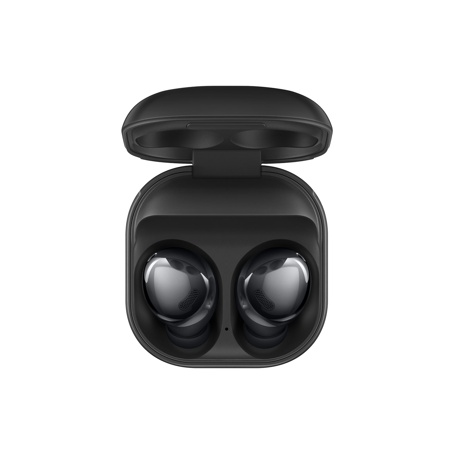 Auriculares negros en un estuche de carga negro. El estuche está abierto, mostrando los auriculares.