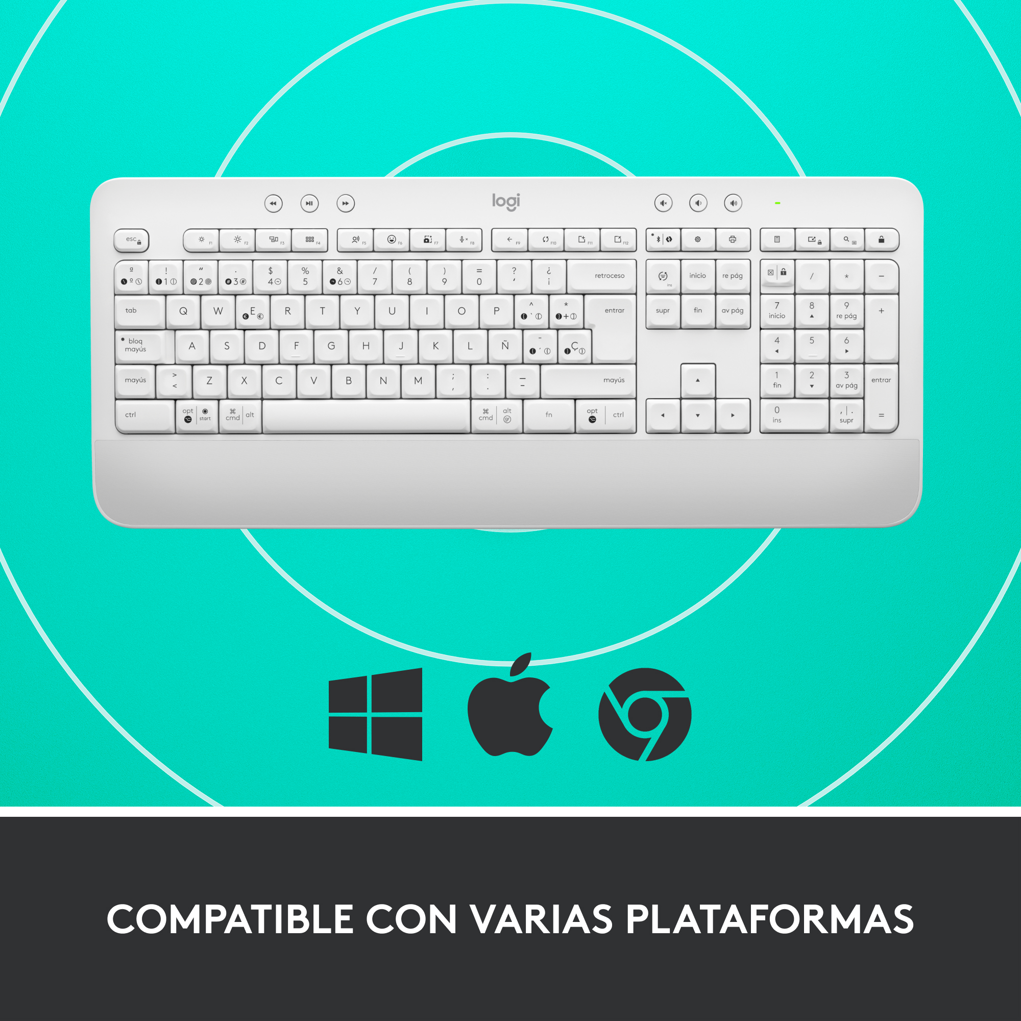 Teclado blanco con teclas y símbolos negros, con iconos de Windows, Apple y Chrome.