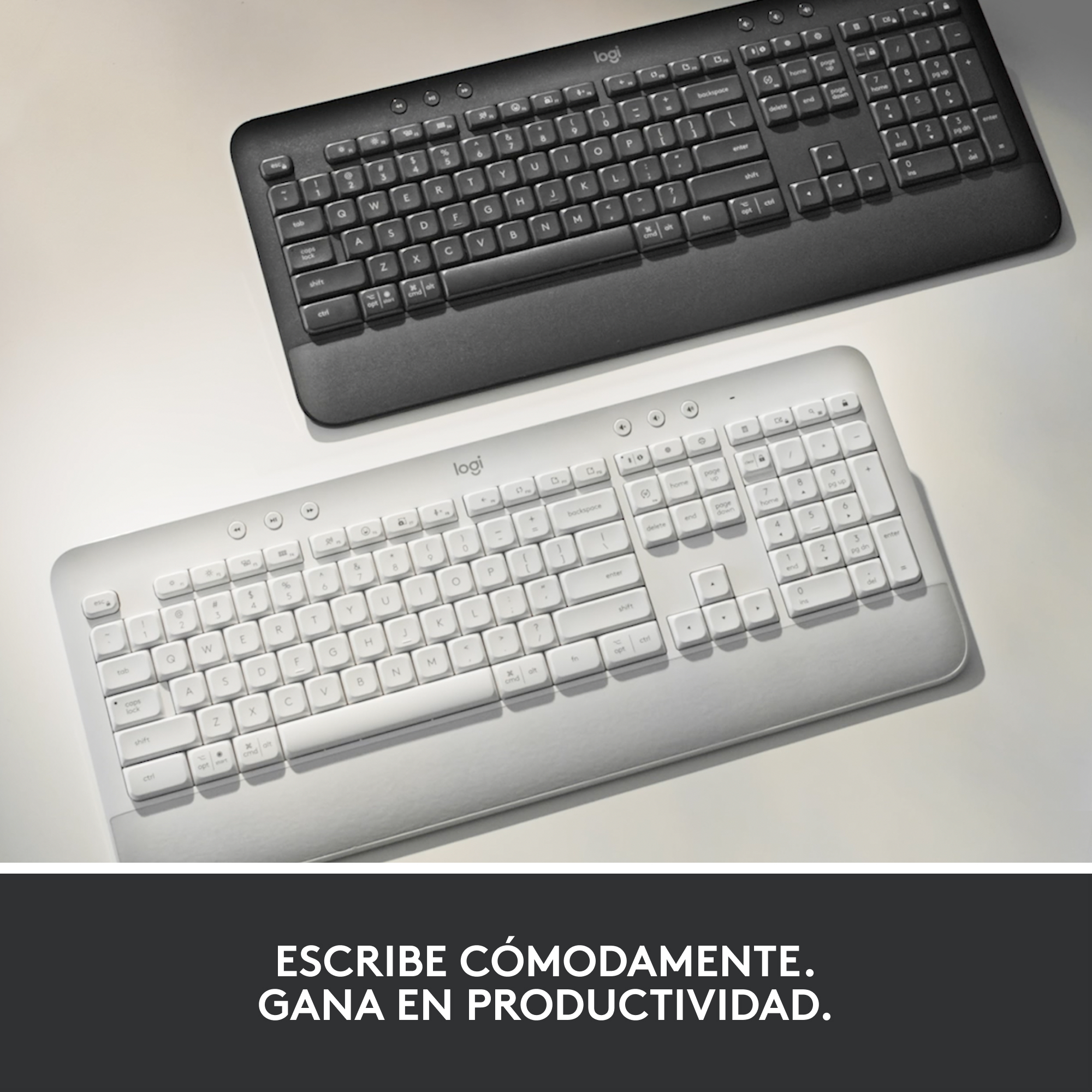 Teclados blanco y negro. Texto: 'Escribe cómodamente. Gana en productividad.' Fondo blanco.