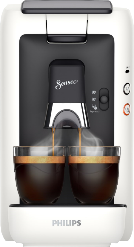 Wit en zwart Senseo koffiezetapparaat. Twee glazen met koffie zijn zichtbaar.