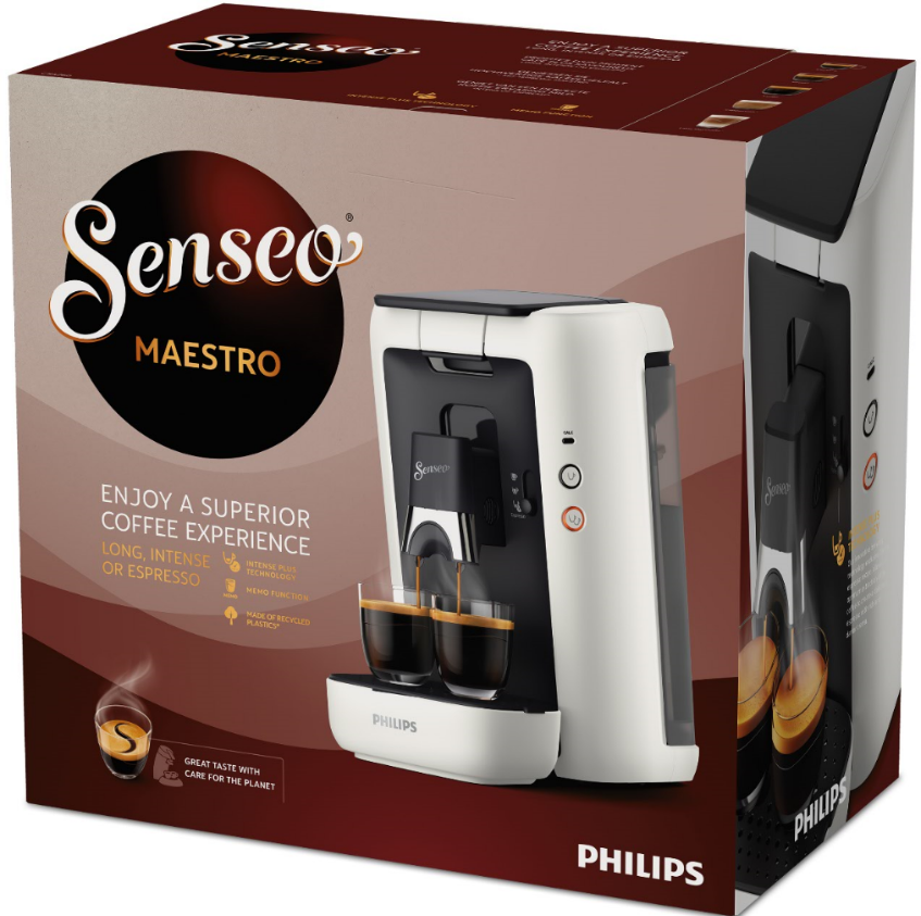 Een Senseo Maestro koffiemachine in een doos met tekst over de koffie-ervaring.