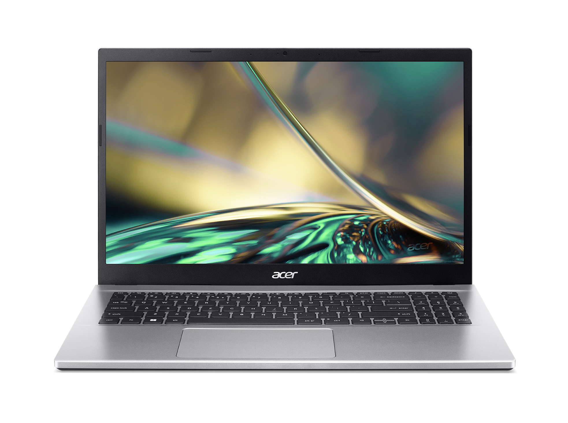 Siyah klavye ve parlak ekrana sahip gümüş dizüstü bilgisayar. Acer logosu görünür.