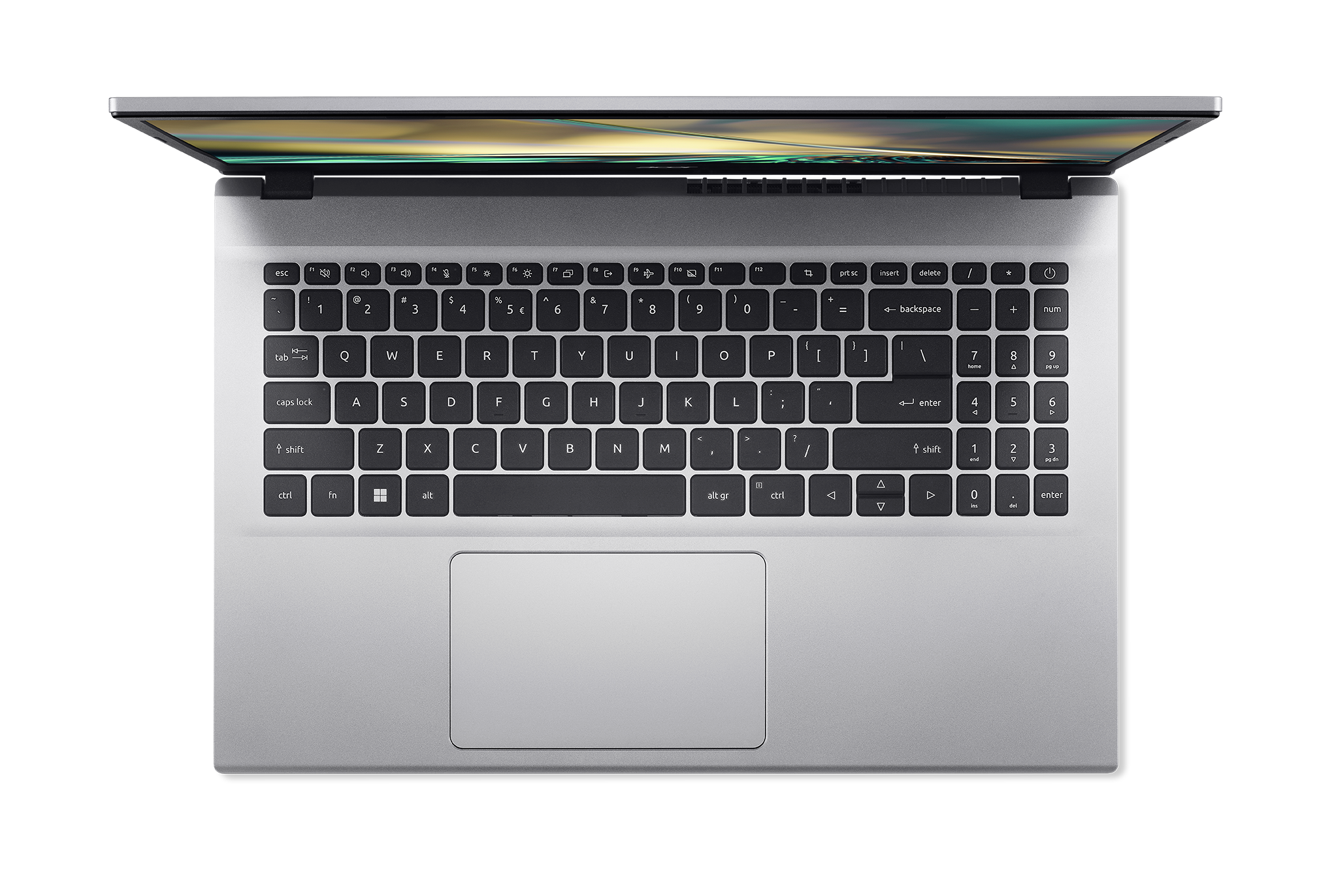 Gümüş bir dizüstü bilgisayar klavyesi, yukarıdan görünüm, siyah bir yüzeyde. Ekran açık.