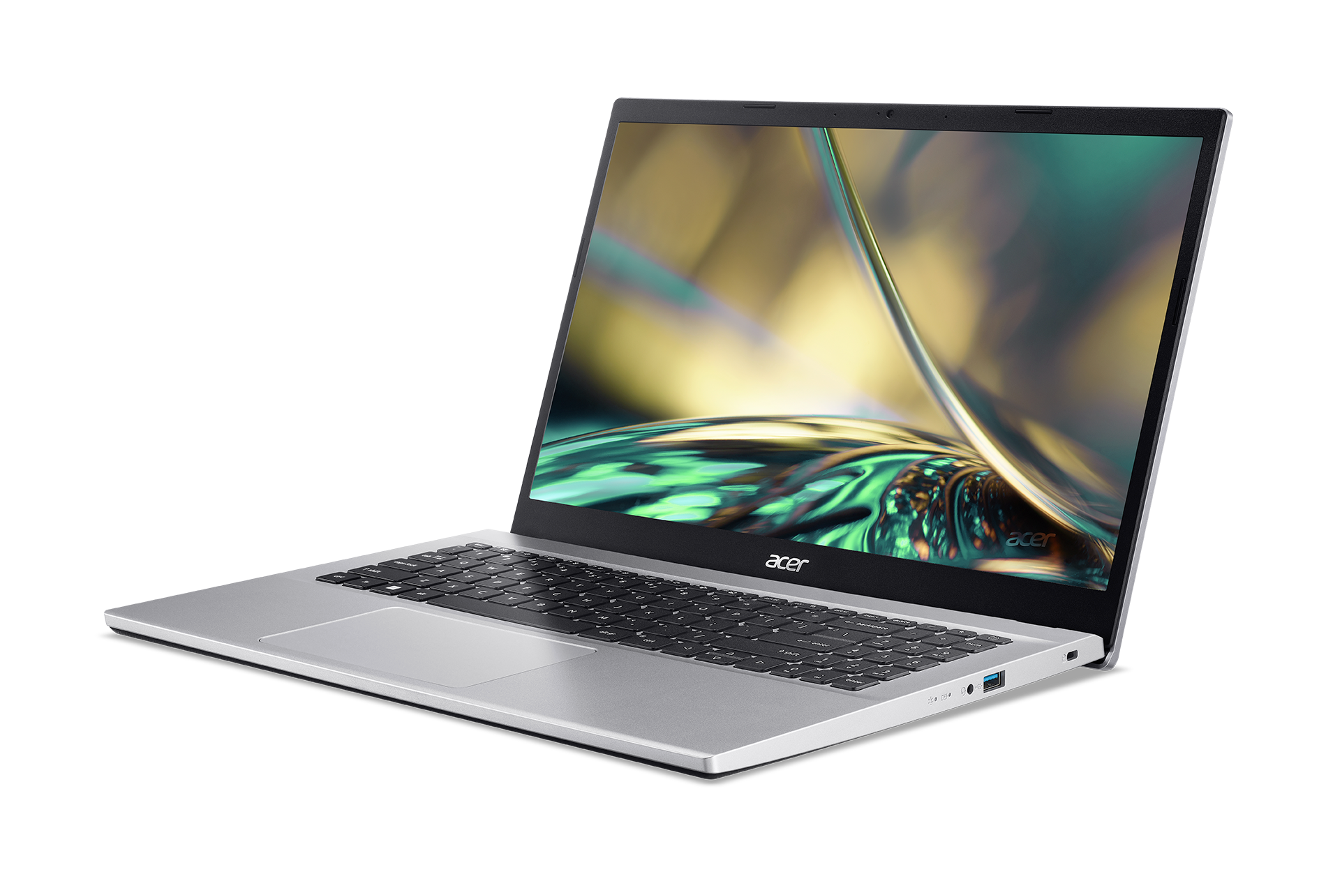 Siyah bir arka plan üzerinde gümüş renkli bir dizüstü bilgisayar. Ekran açıktır ve bulanık bir görüntü gösterir.