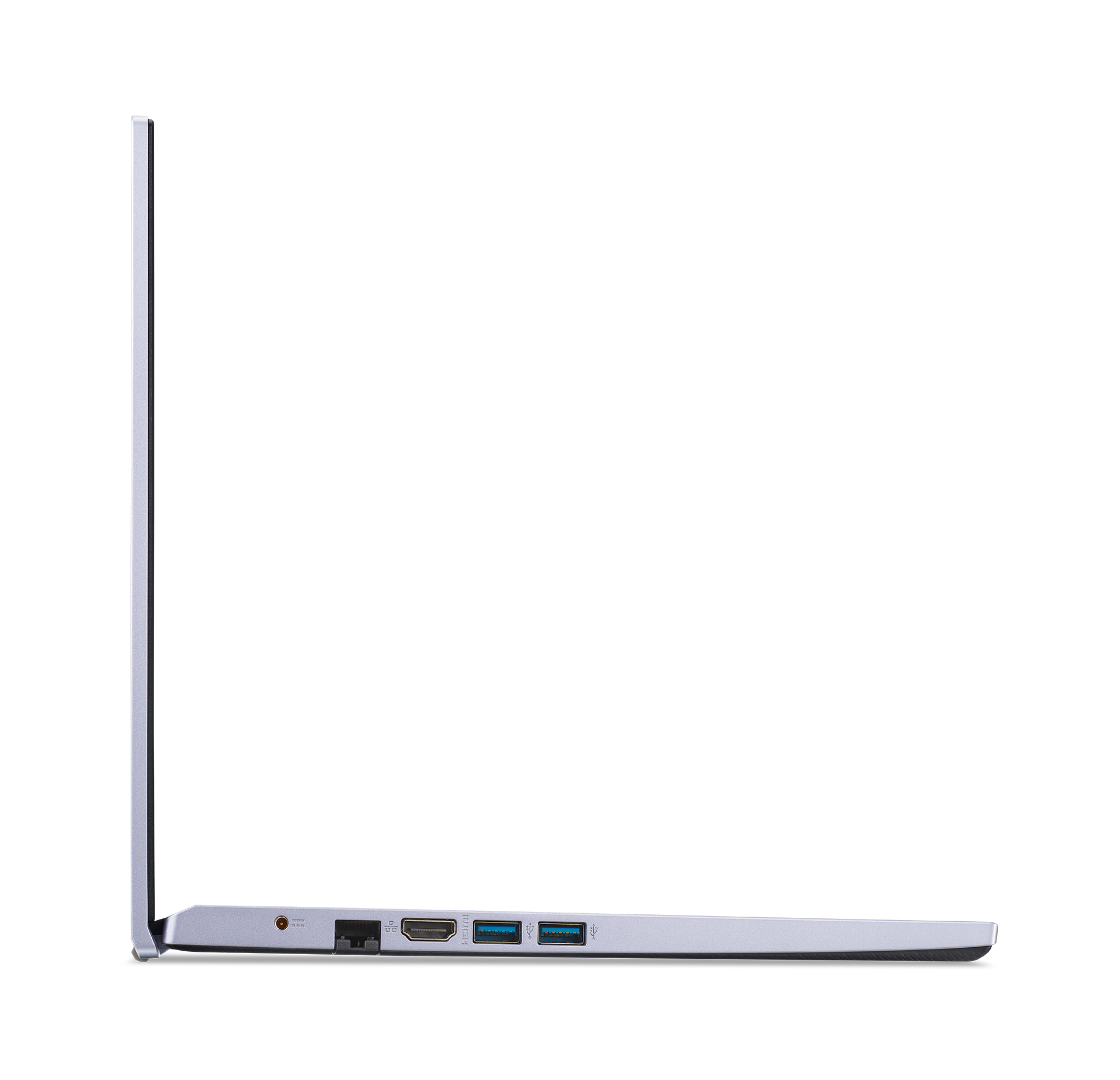 Gümüş bir dizüstü bilgisayarın yan görünümü. Ekran kapalı. Bağlantı noktaları yan tarafta görünüyor.