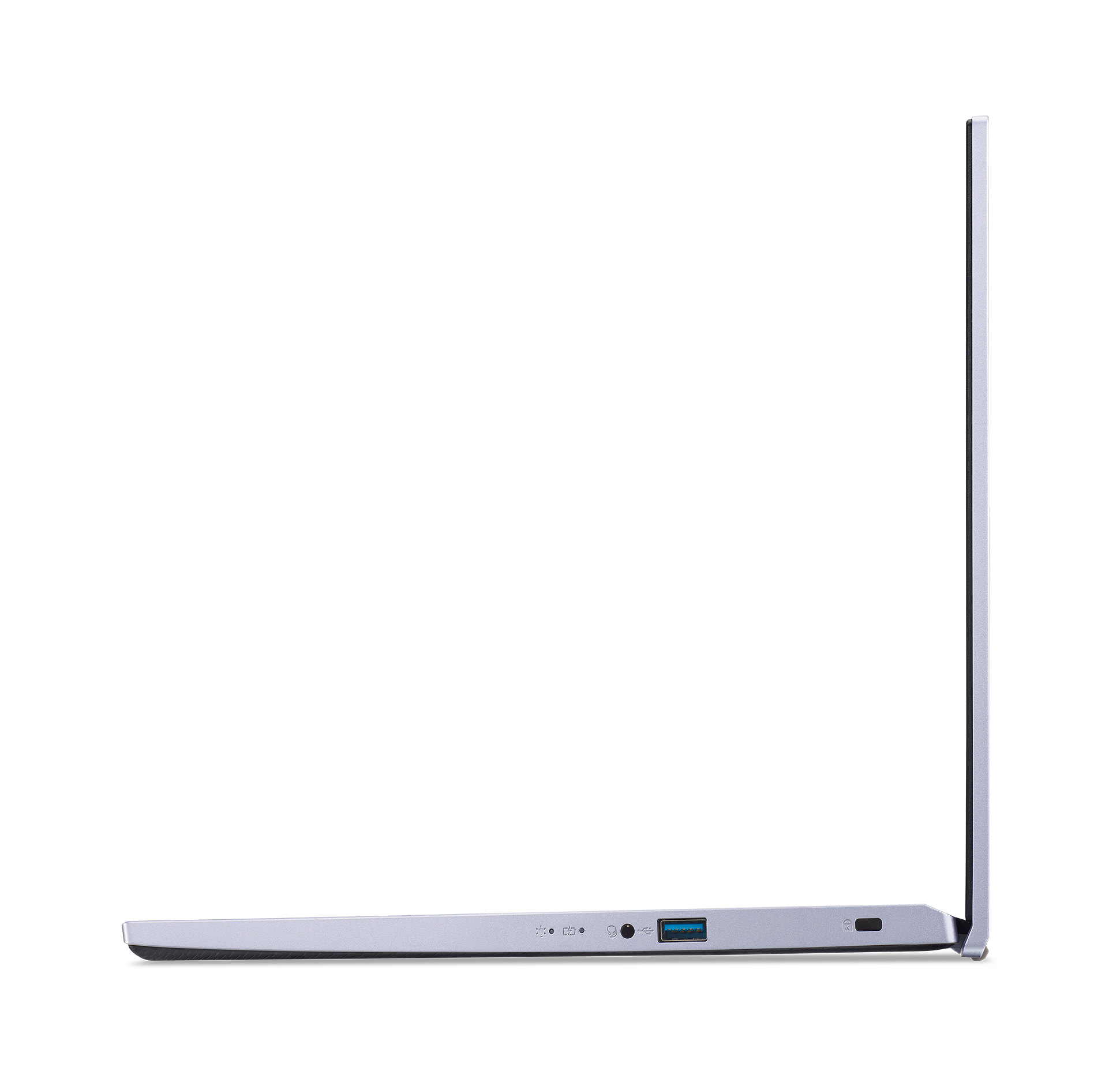 Gümüş bir dizüstü bilgisayarın yan görünümü, USB portu görünür.