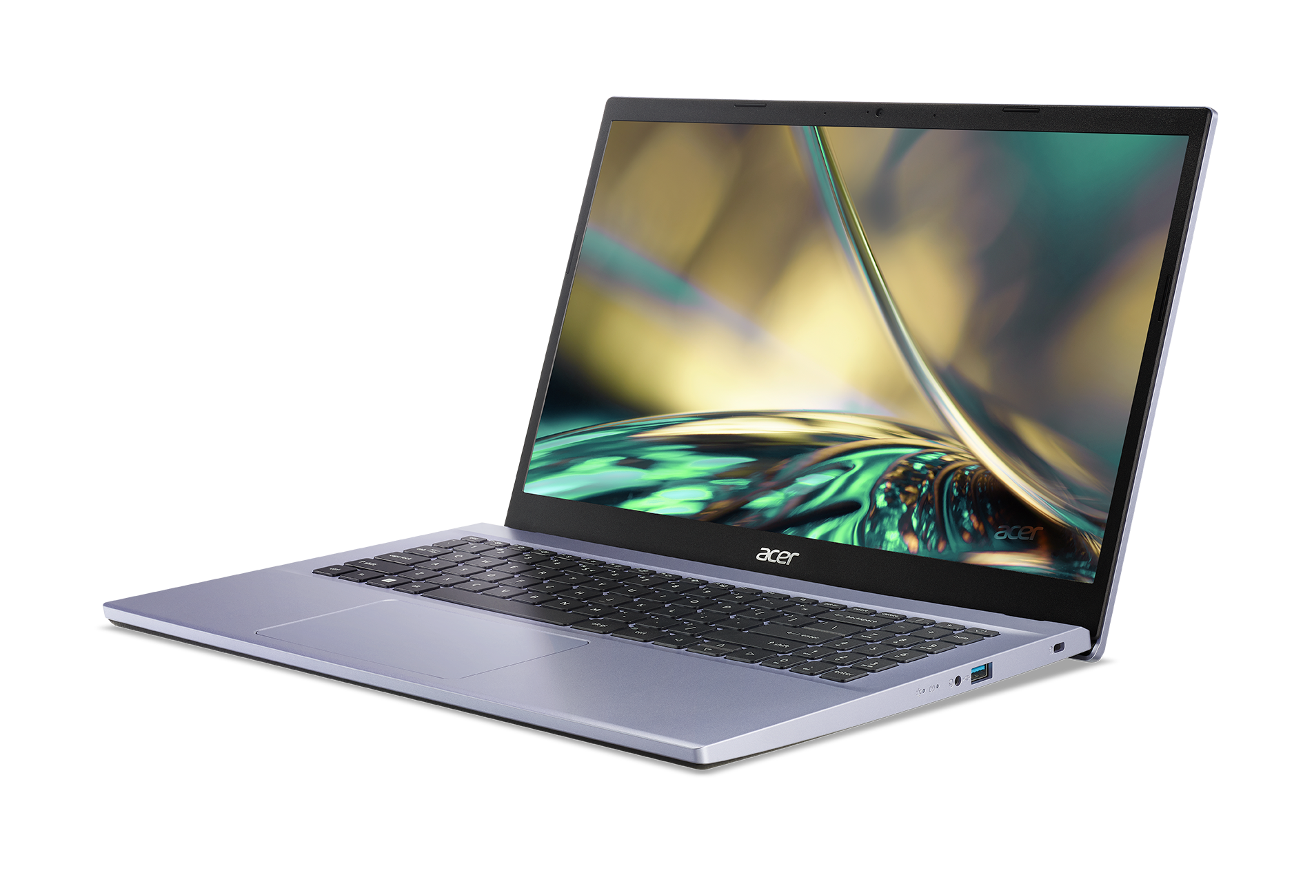 Siyah arka plan üzerinde açık mor bir dizüstü bilgisayar. Ekran yeşil ve turkuaz bir desen gösteriyor.