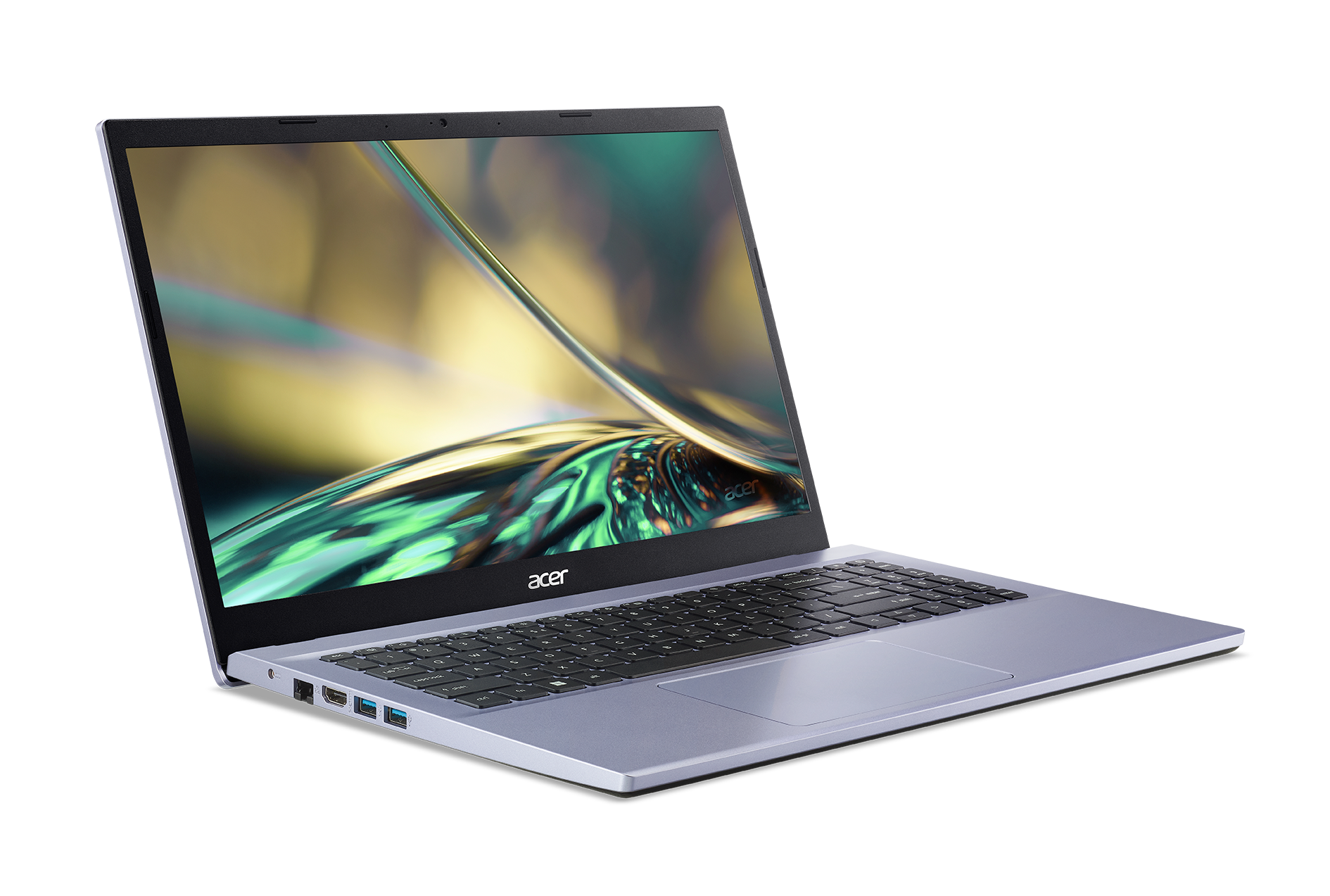 Siyah arka plan üzerinde dizüstü bilgisayar. Ekran, renkli soyut bir görüntü gösteriyor.