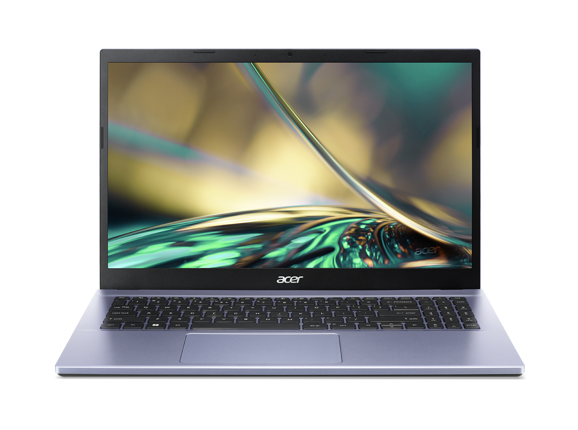 Gümüş klavyeli, açık mor bir Acer dizüstü bilgisayar, siyah bir yüzeyde açık.