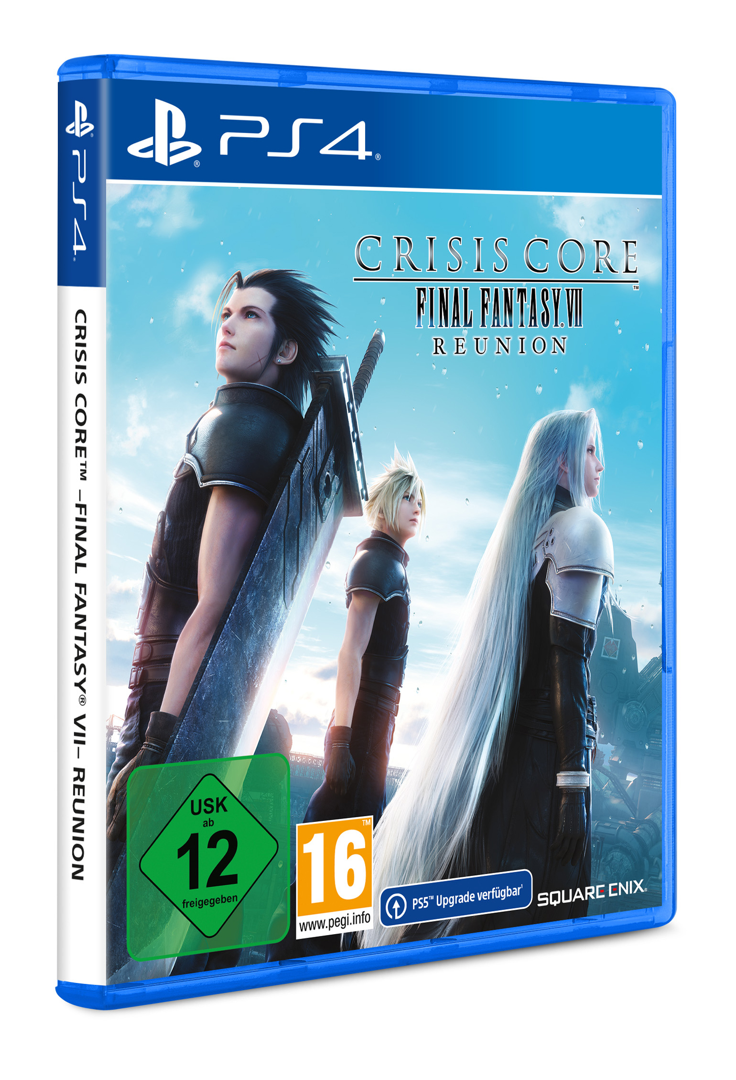 Eine PS4-Spielbox mit blauem Gehäuse, mit einer Gruppe von Charakteren aus dem Spiel Crisis Core.