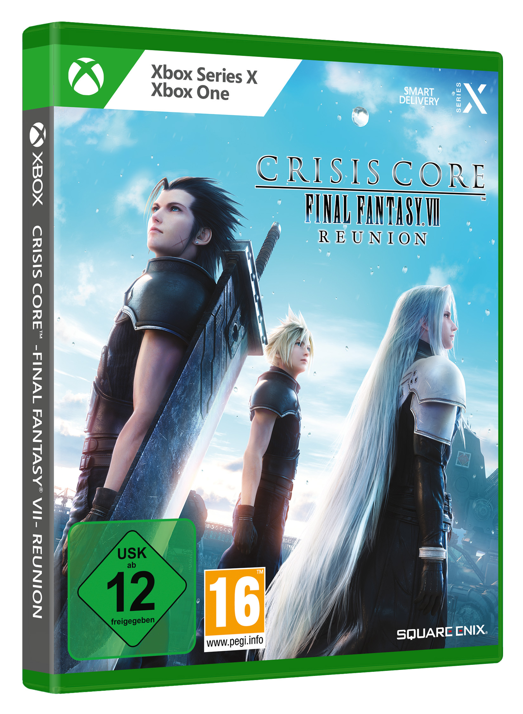 Xbox Series X Spielbox. Das Cover zeigt drei Final Fantasy VII-Charaktere, grüne Box.