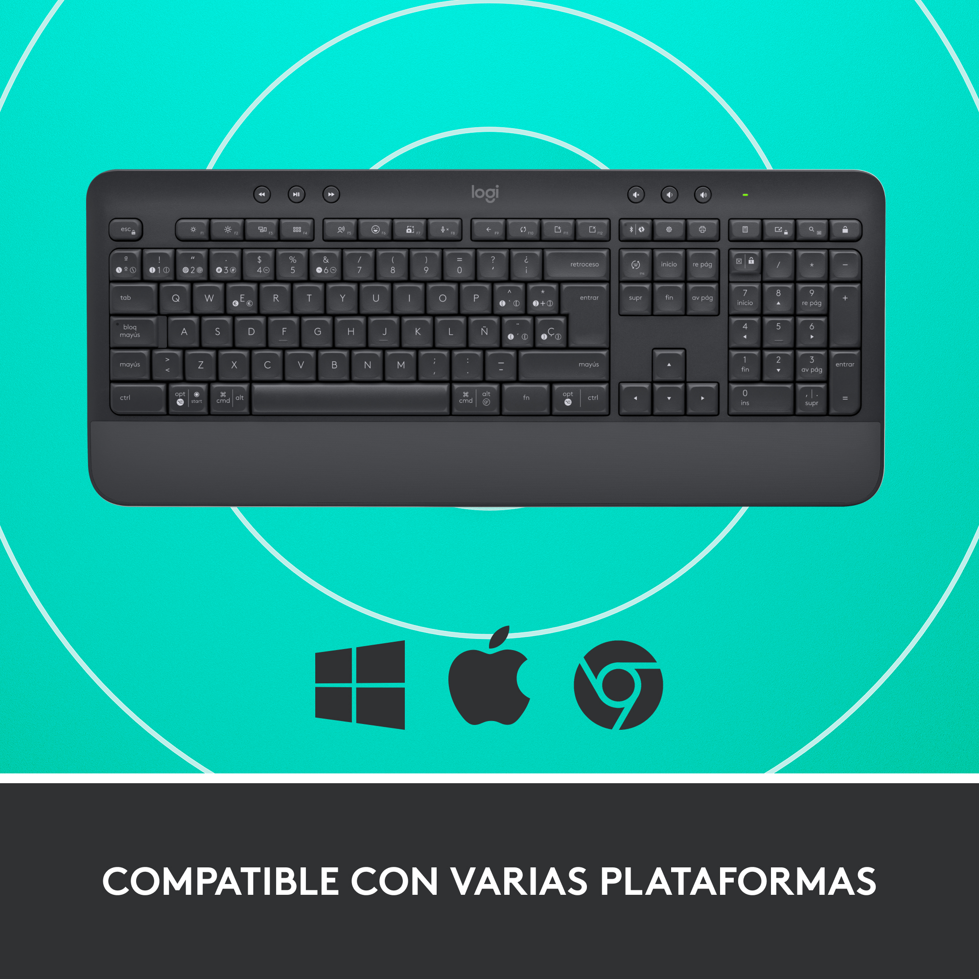 Teclado negro con varias teclas y símbolos. Tres iconos en la parte inferior.