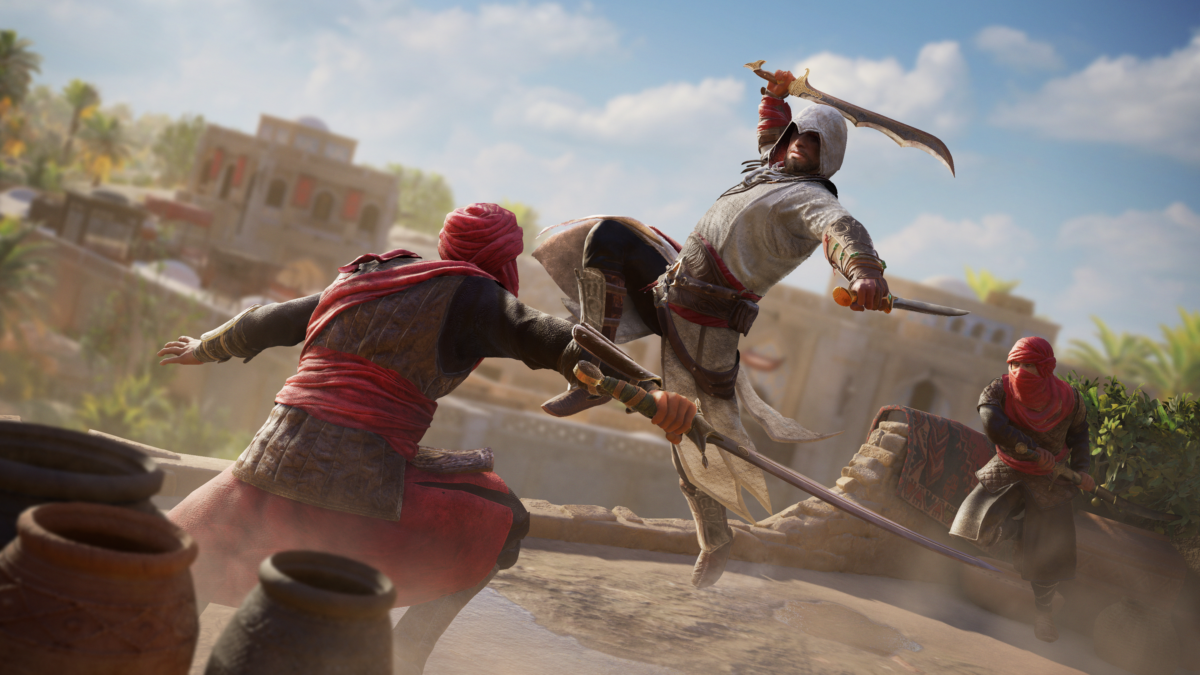 Scène d'un jeu vidéo avec deux personnages se battant à l'épée dans un environnement du Moyen-Orient.