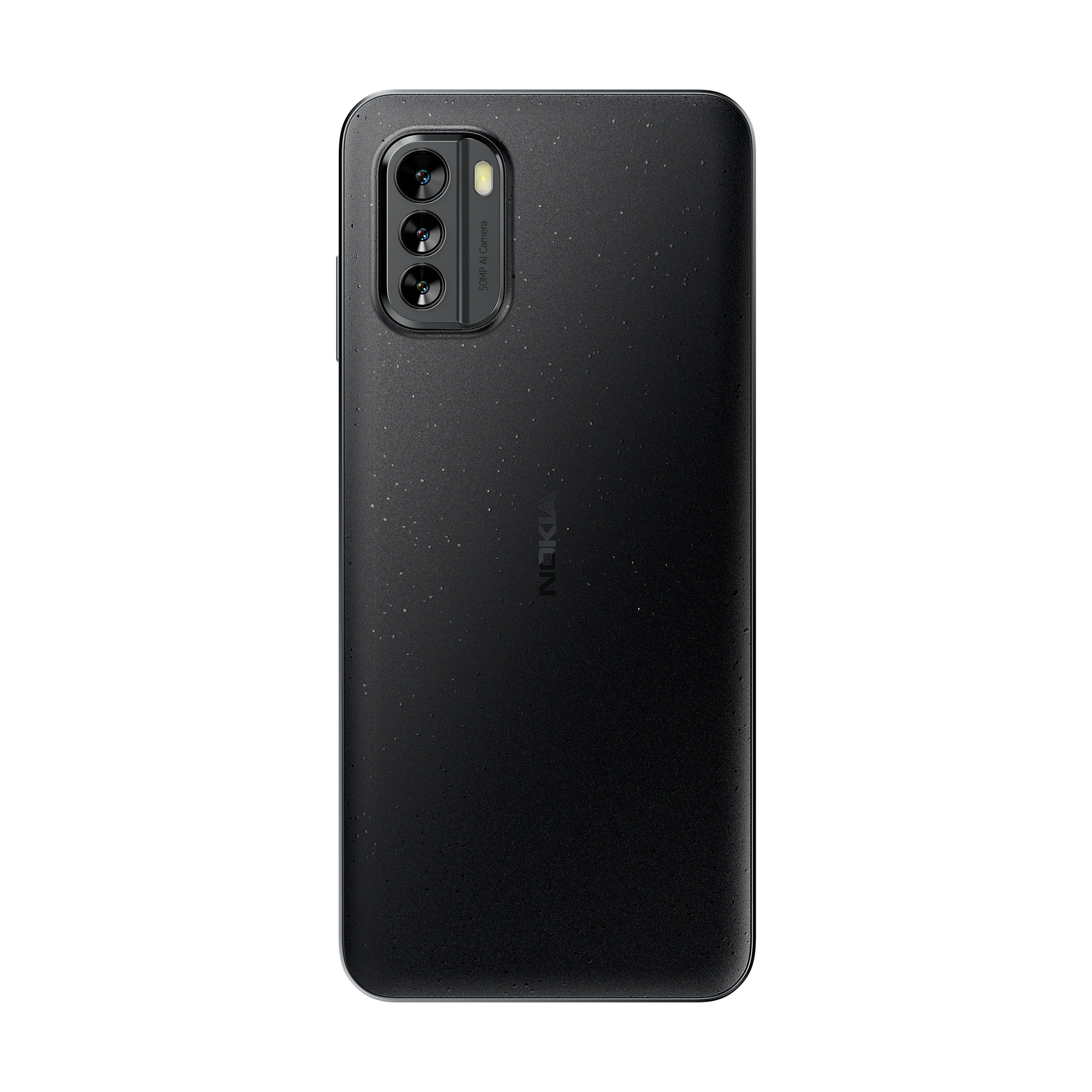 Schwarze Nokia-Telefonrückseite mit Kameramodul auf schwarzem Hintergrund.