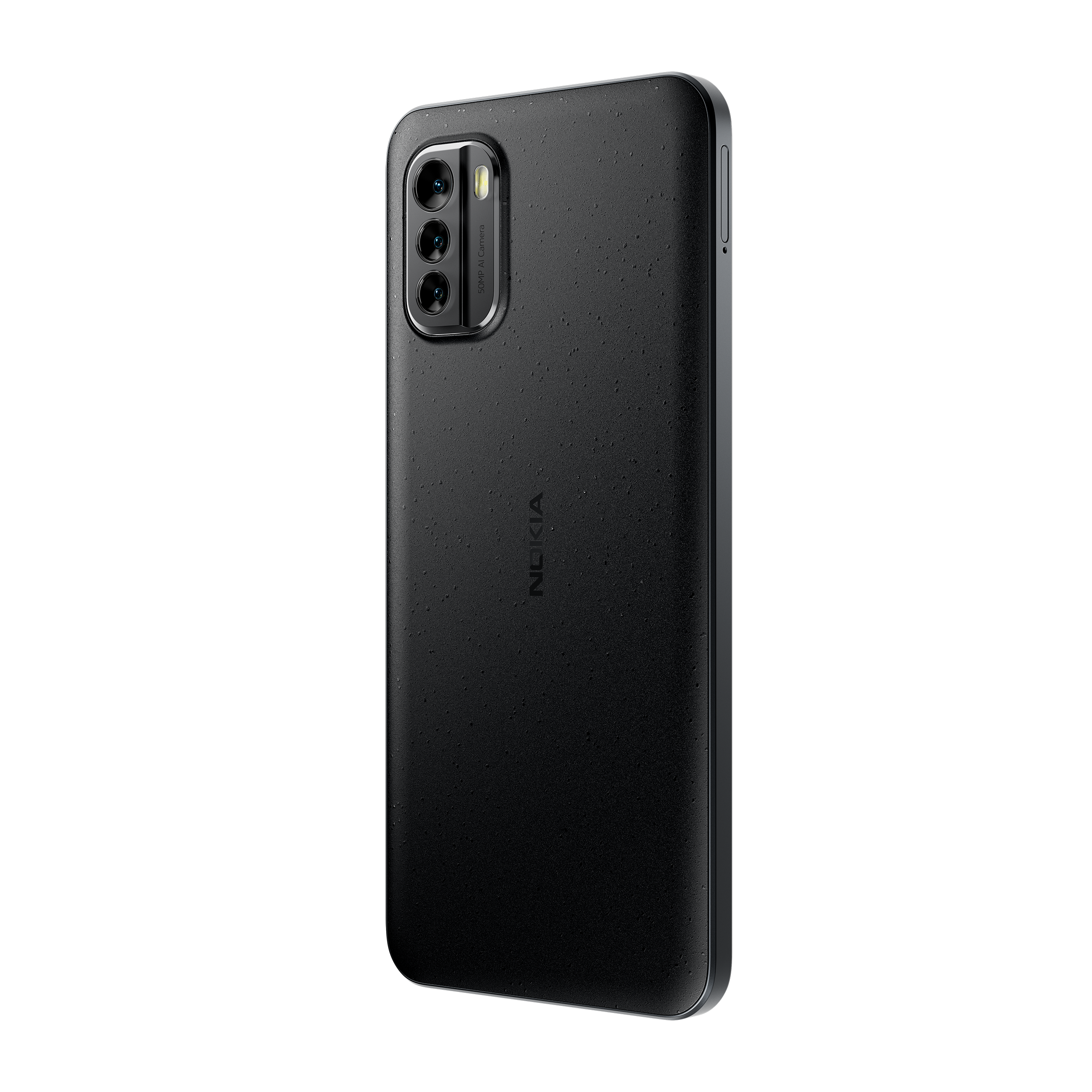 Schwarzes Nokia-Telefon, Rückansicht, drei Kameras, leicht strukturierte Rückseite, schwarzer Hintergrund.