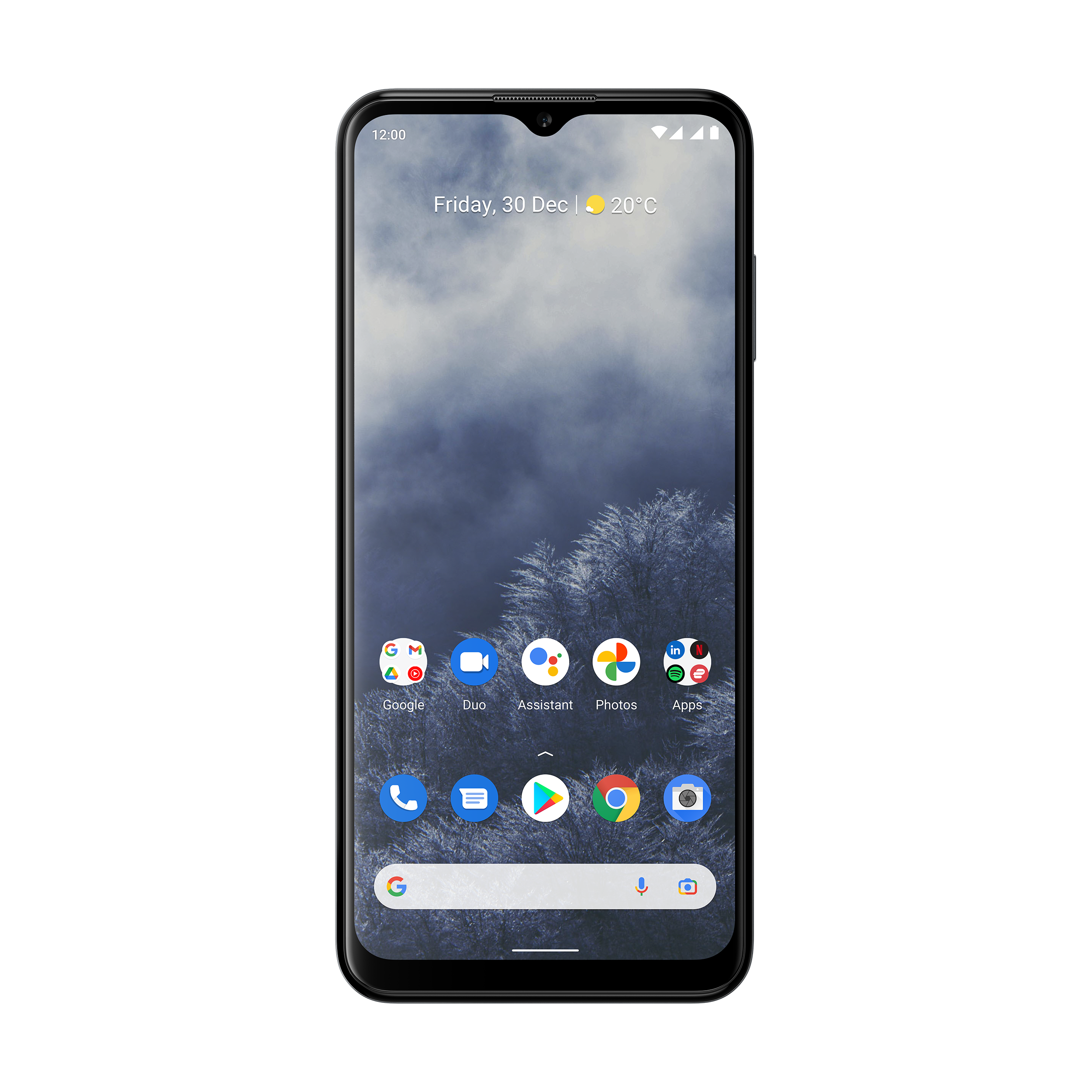 Schwarzes Smartphone, das einen Startbildschirm mit App-Symbolen anzeigt. Schwarzer Hintergrund.