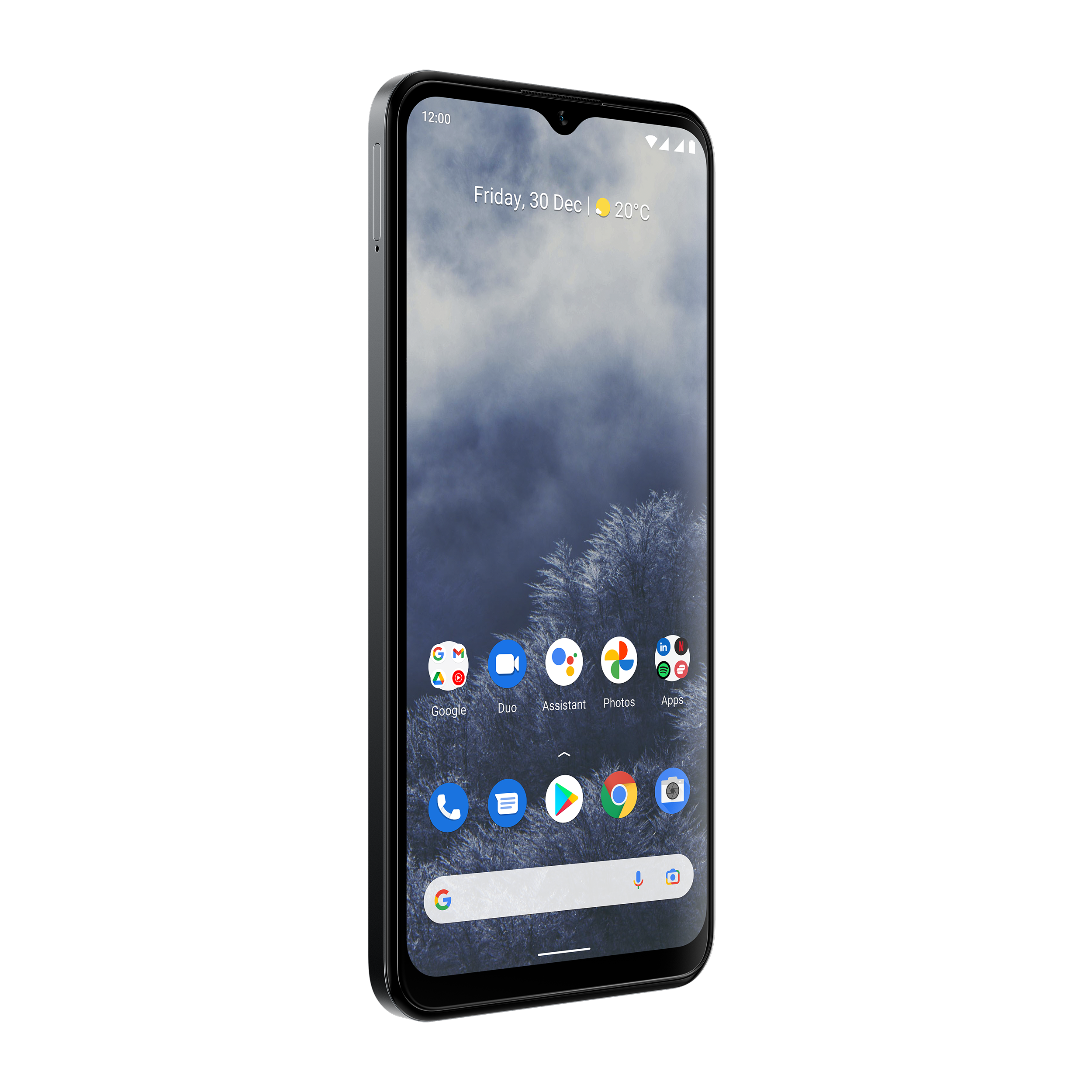 Schwarzes Nokia-Smartphone auf schwarzem Hintergrund. Der Bildschirm zeigt eine Benutzeroberfläche mit Symbolen und Datum.