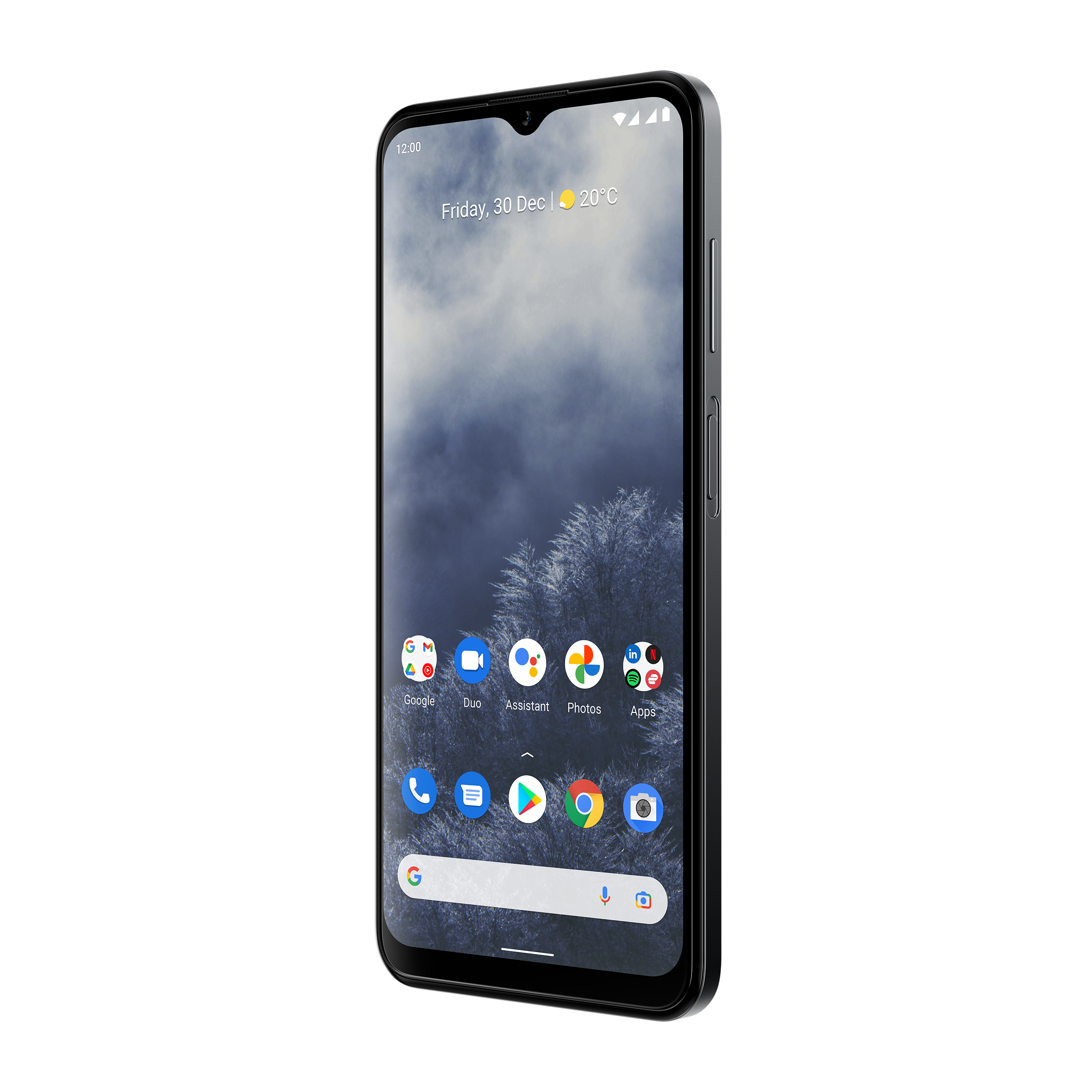 Ein schwarzes Smartphone zeigt einen bewölkten Himmel und Apps auf dem Bildschirm.