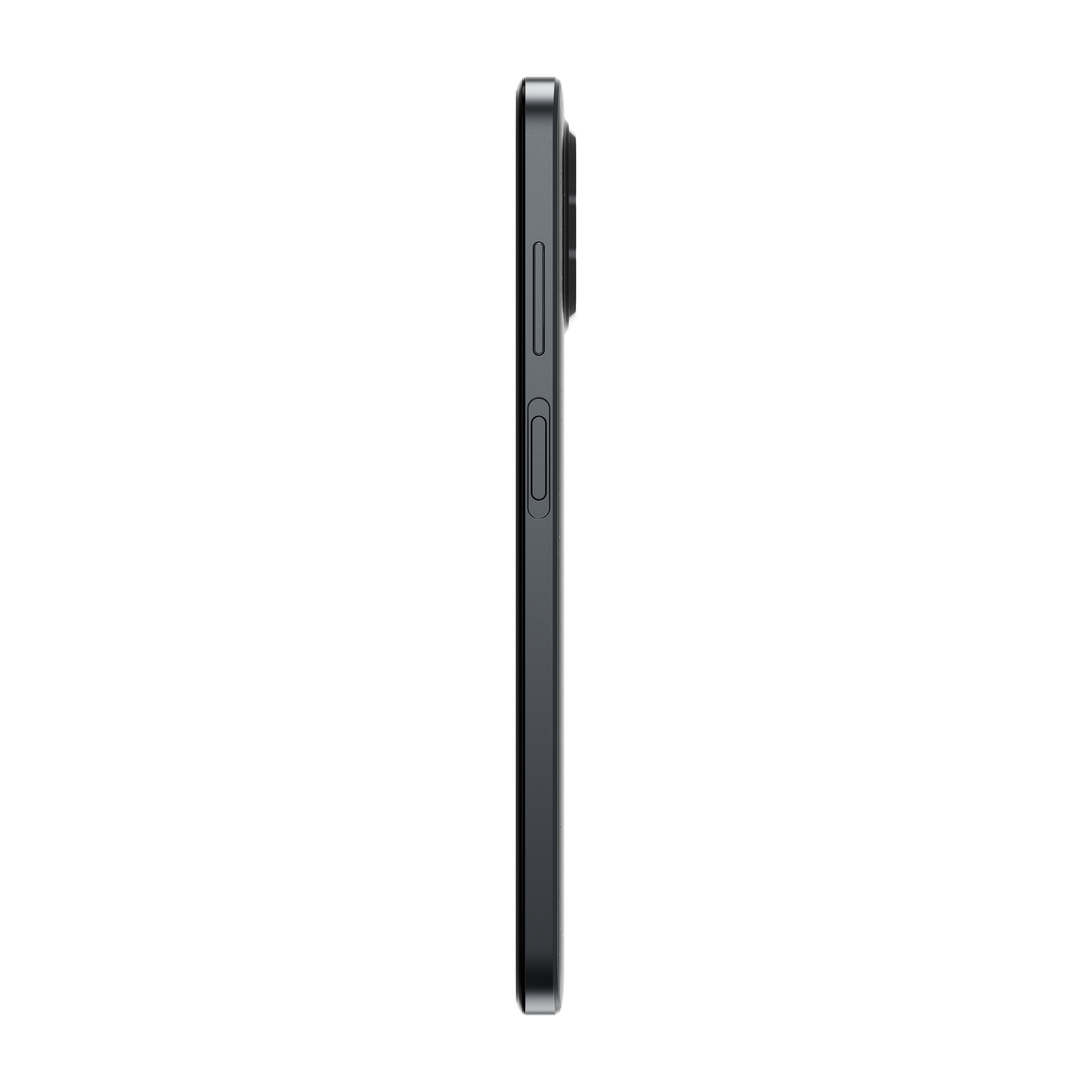 Seitenansicht eines dunkelgrauen Smartphones mit Tasten an der Seite, vor schwarzem Hintergrund.