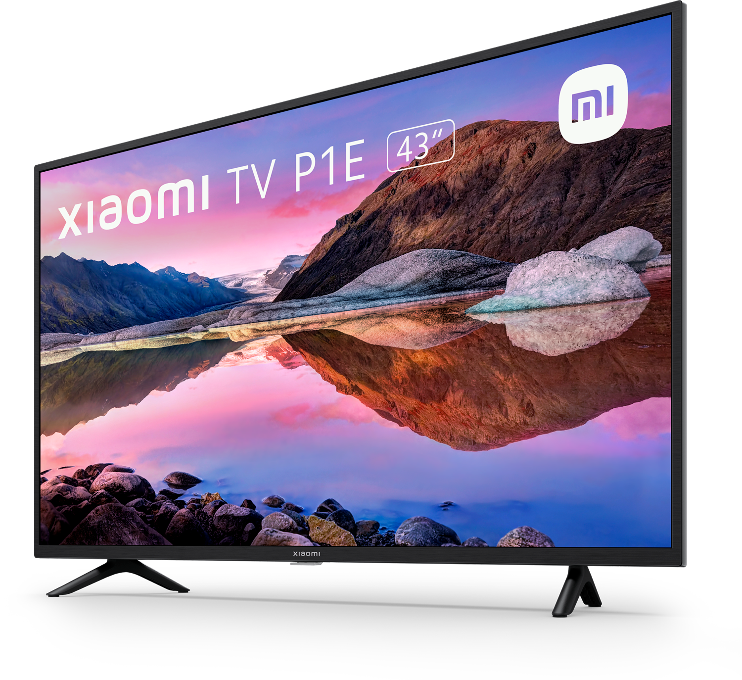 Un Xiaomi TV P1E de 43 pulgadas. La pantalla muestra una escena de paisaje colorida. El fondo es negro.
