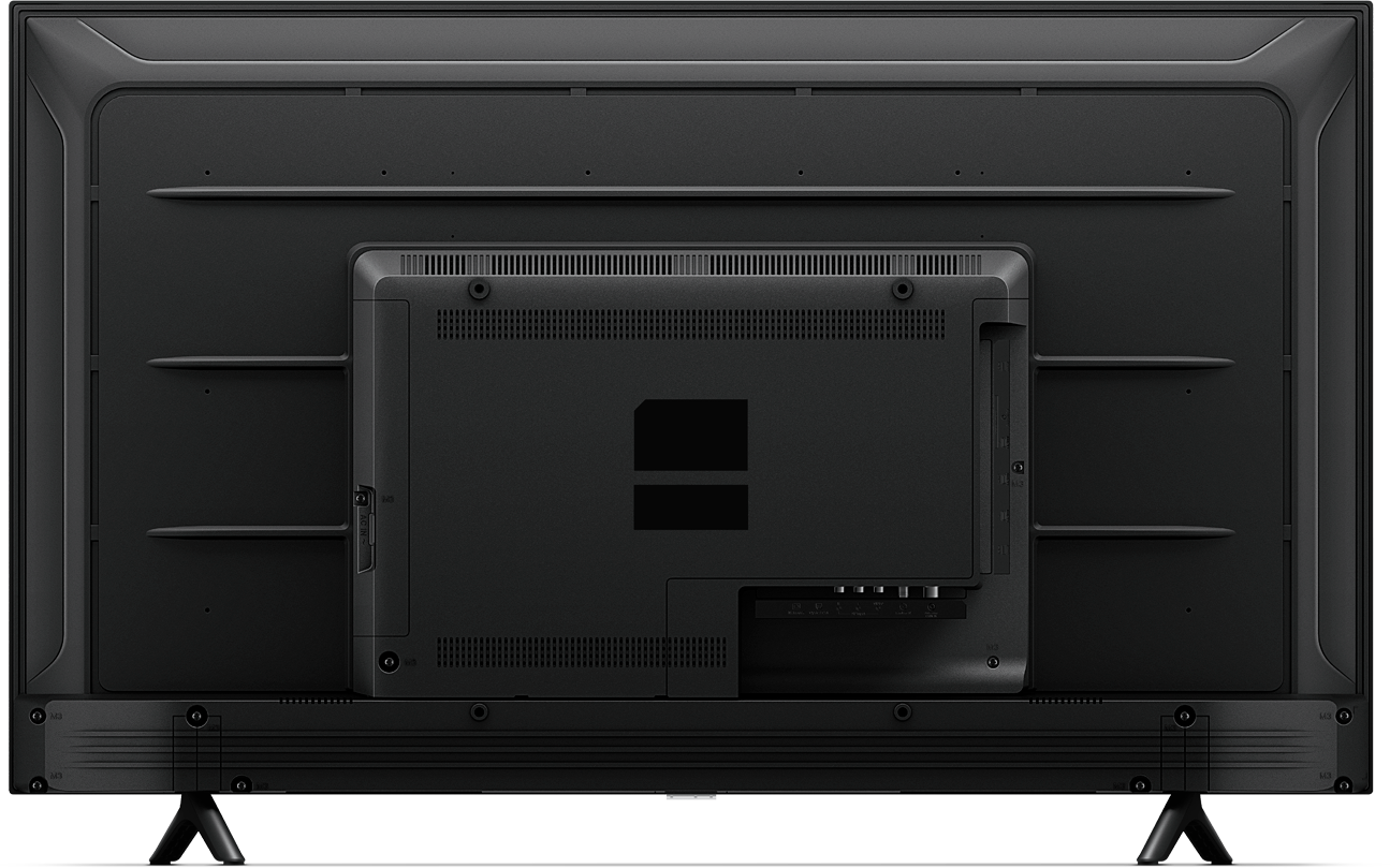 Parte trasera de un televisor negro con puertos y soporte.