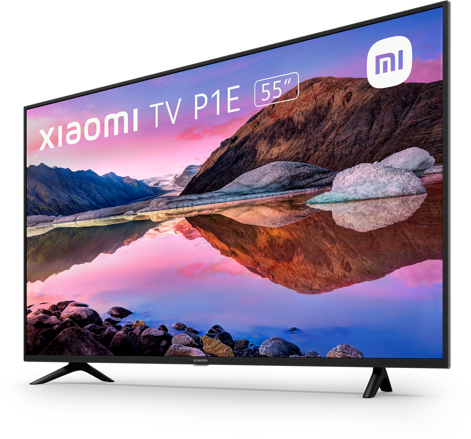 Televisor Xiaomi de 55 pulgadas. Paisaje con montañas y agua. Marco y soporte negros.