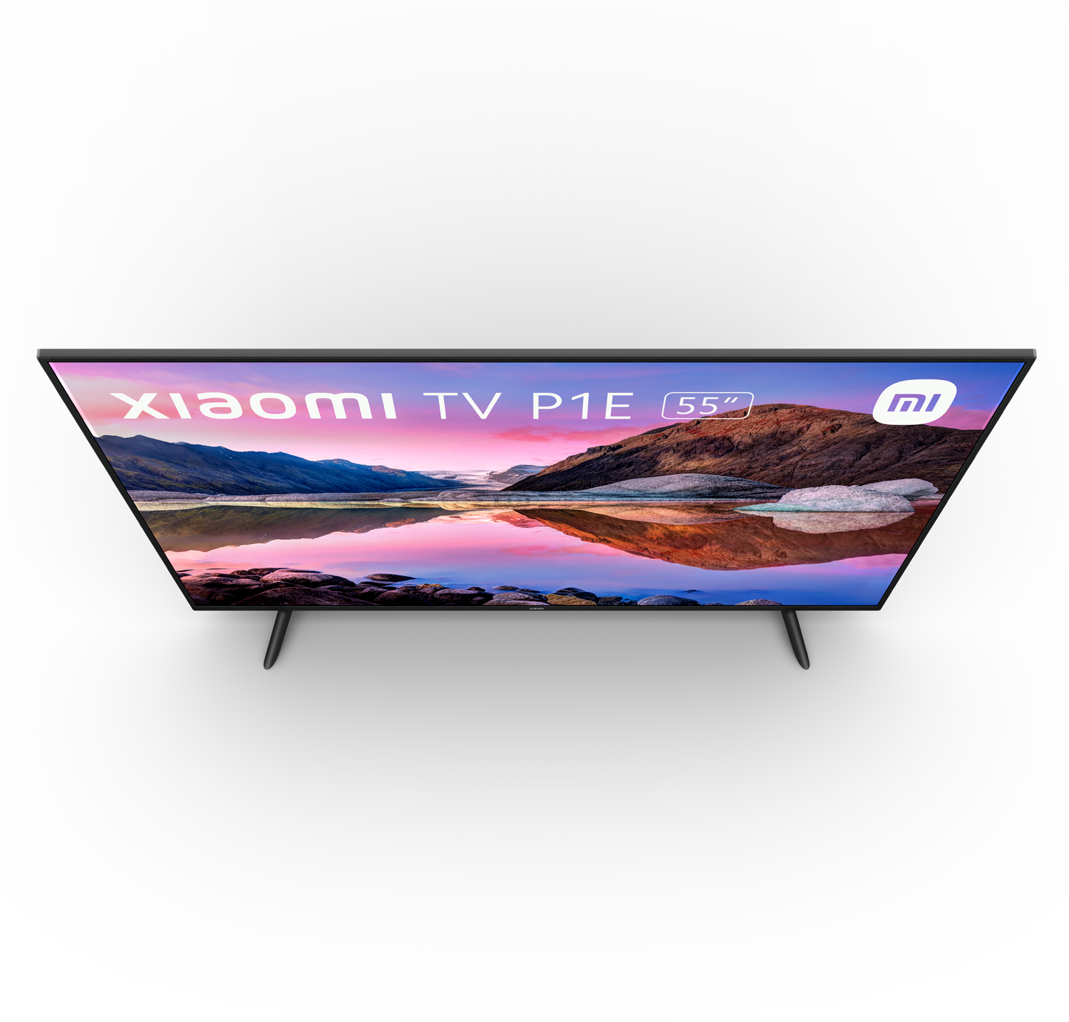 Un televisor Xiaomi con una escena de paisaje en la pantalla. Marco negro, fondo negro.