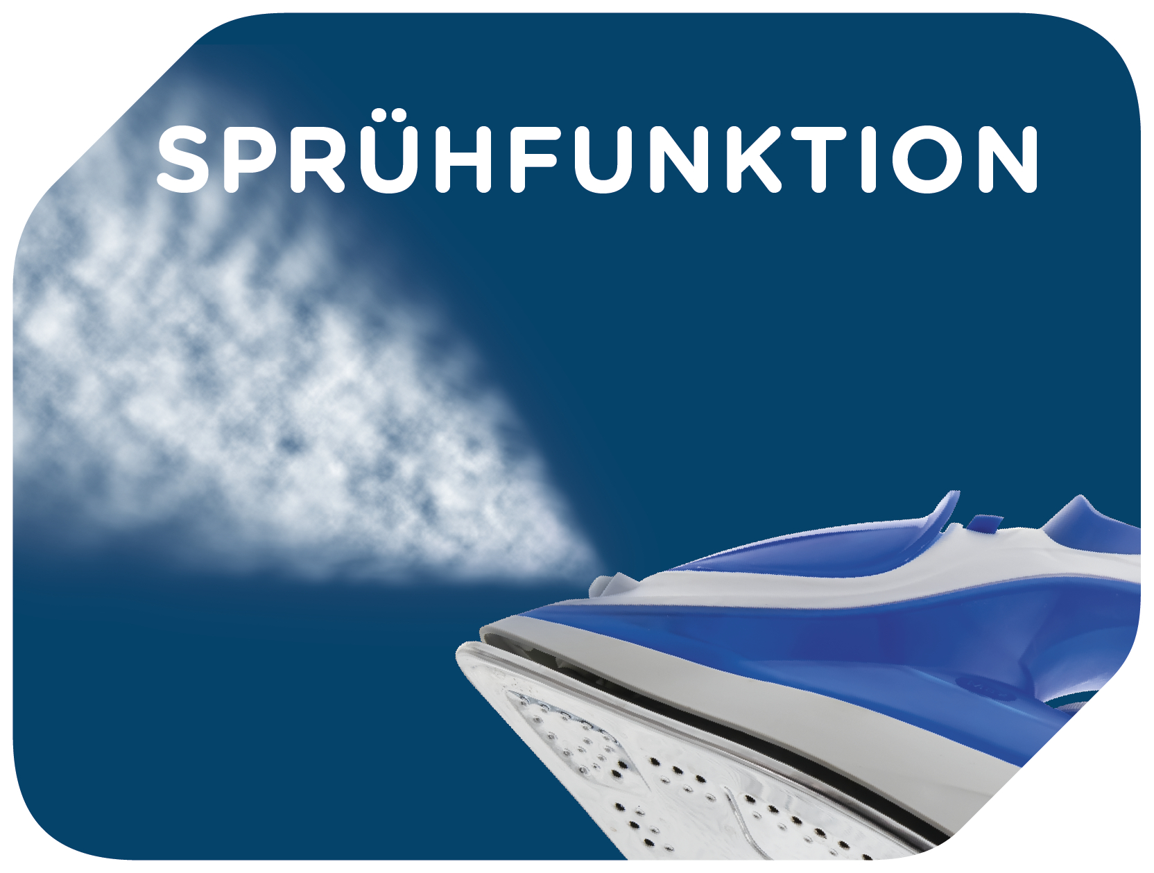 Blaues und weißes Bügeleisen, sprüht Wasser mit Text 'Sprühfunktion' darüber.