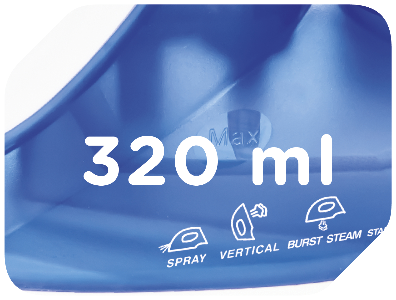 Nahaufnahme eines blauen Bügeleisens mit 320 ml Text und Spraysymbolen.