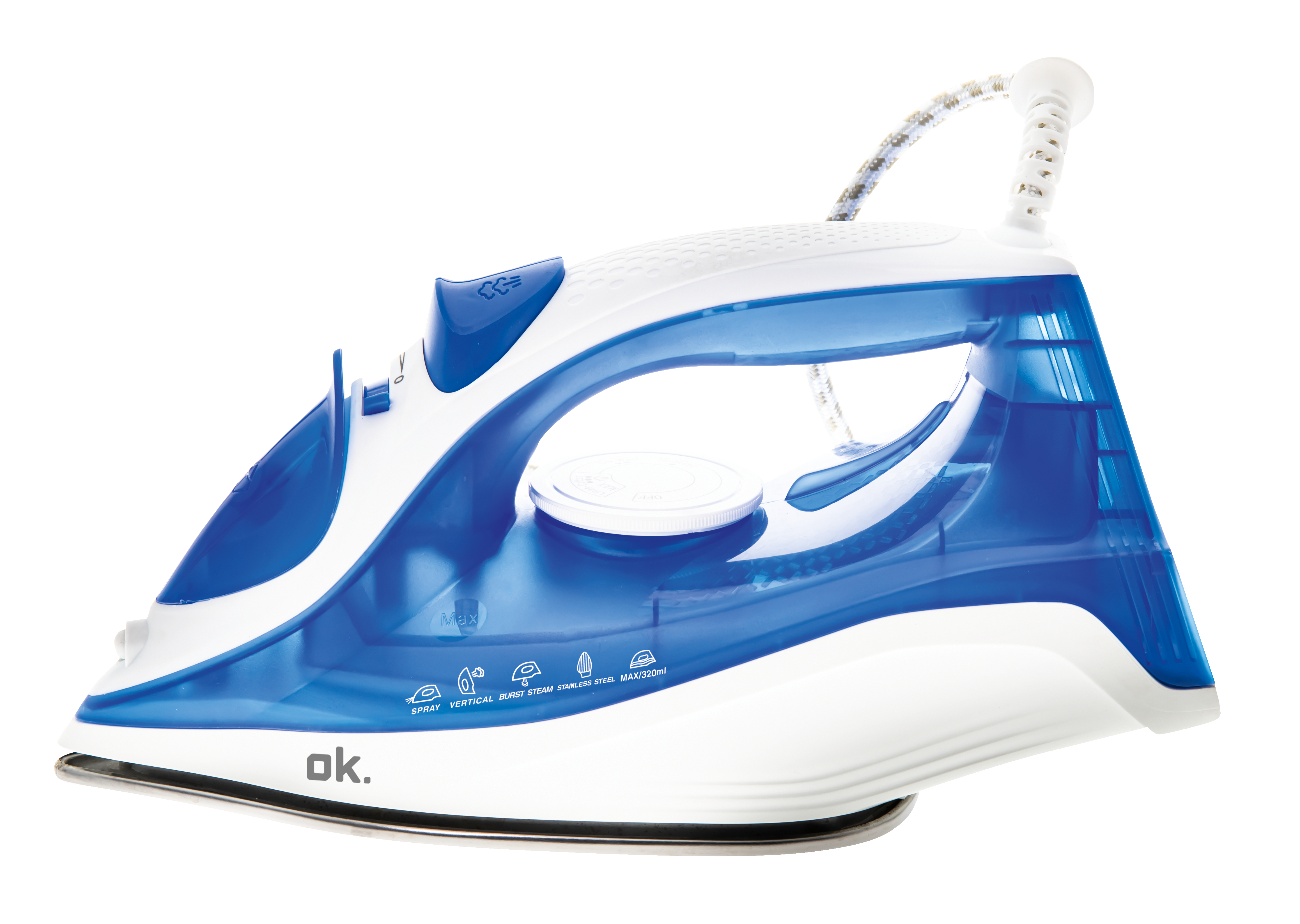 Blaues und weißes Bügeleisen. Transparenter Wassertank, Sprüh-, Dampf- und Burst-Funktion.