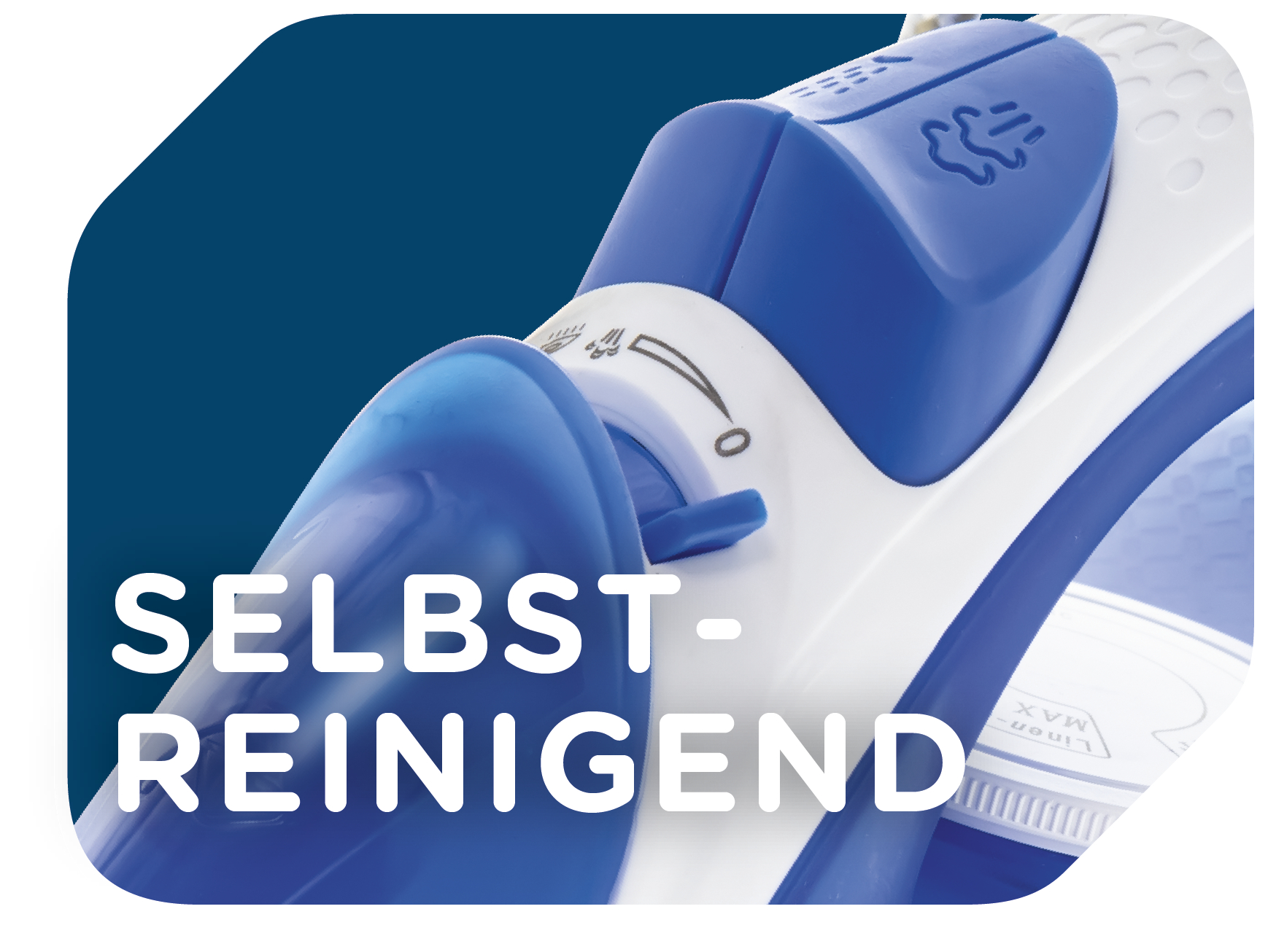 Ein Bügeleisen mit der Aufschrift: SELBST-REINIGEND. Das Bügeleisen ist weiß und blau mit blauem Hintergrund.