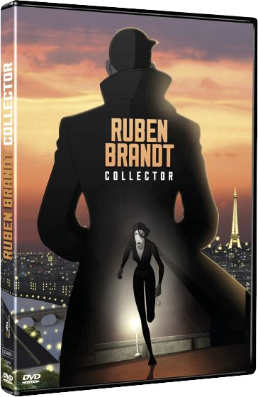 Couverture DVD pour Ruben Brandt, Collector. Comprend un homme en manteau noir et la Tour Eiffel en arrière-plan.