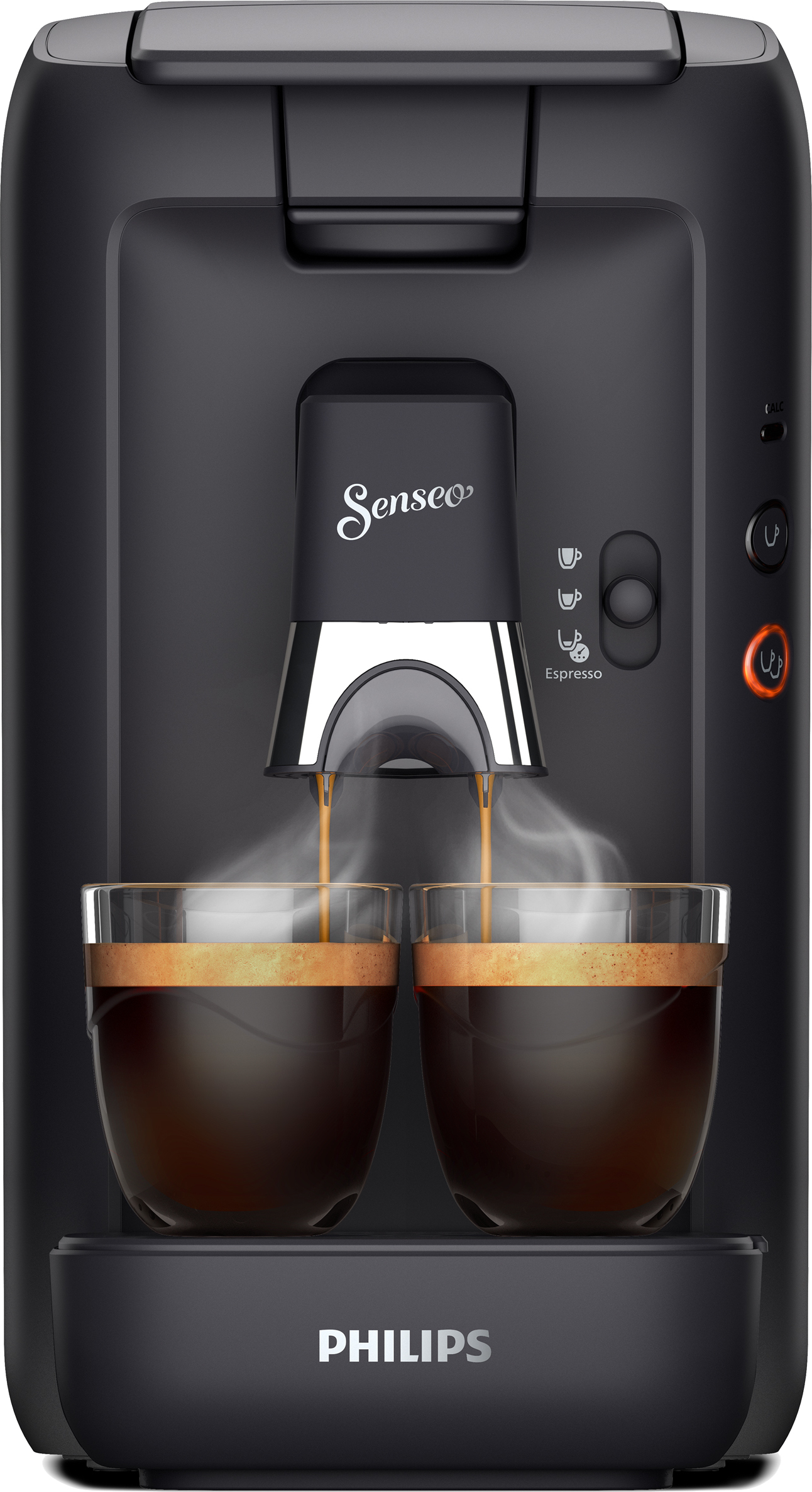 A black Philips Senseo coffee machine brewing espresso into two glasses.