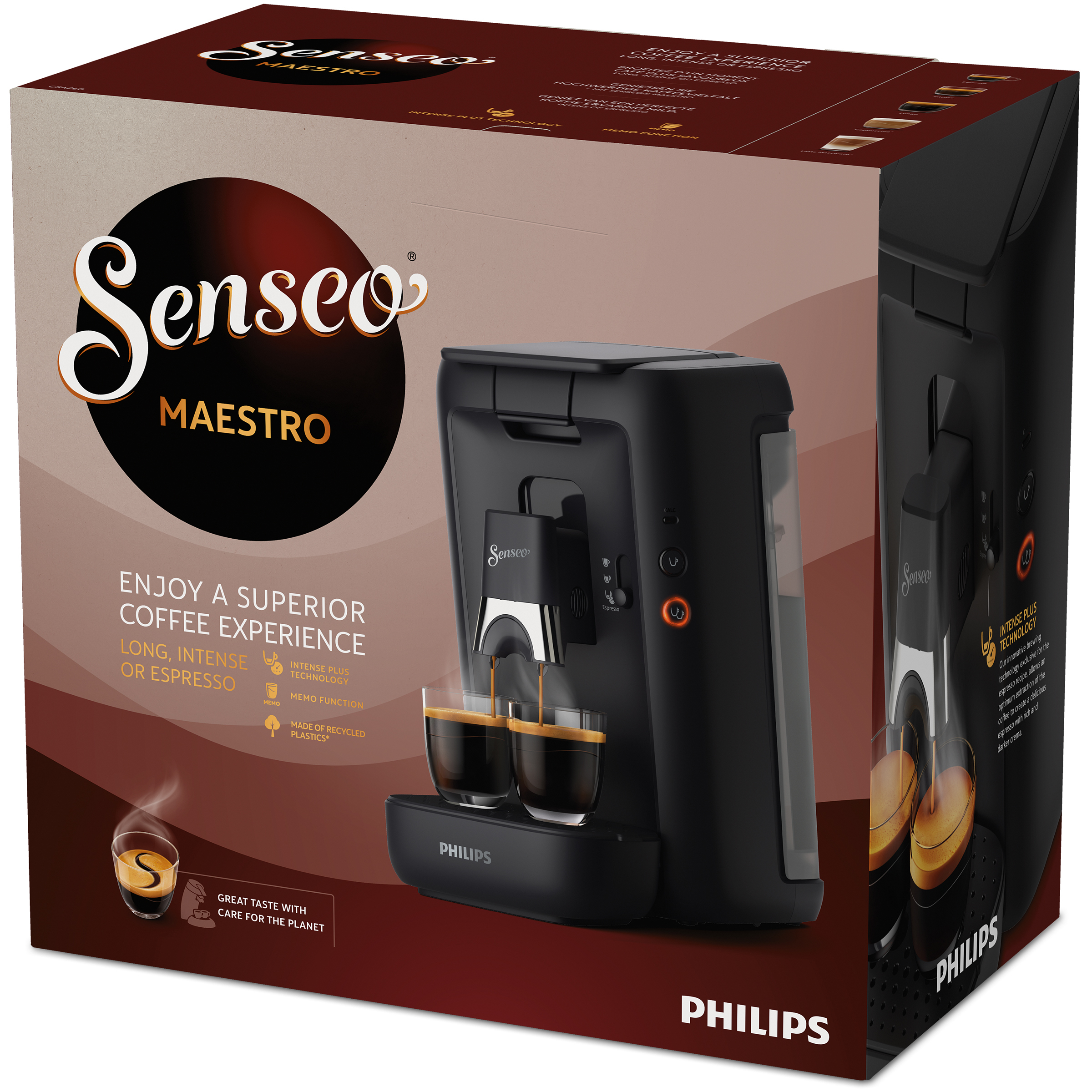 A black coffee machine with two cups and a box. The text is visible.