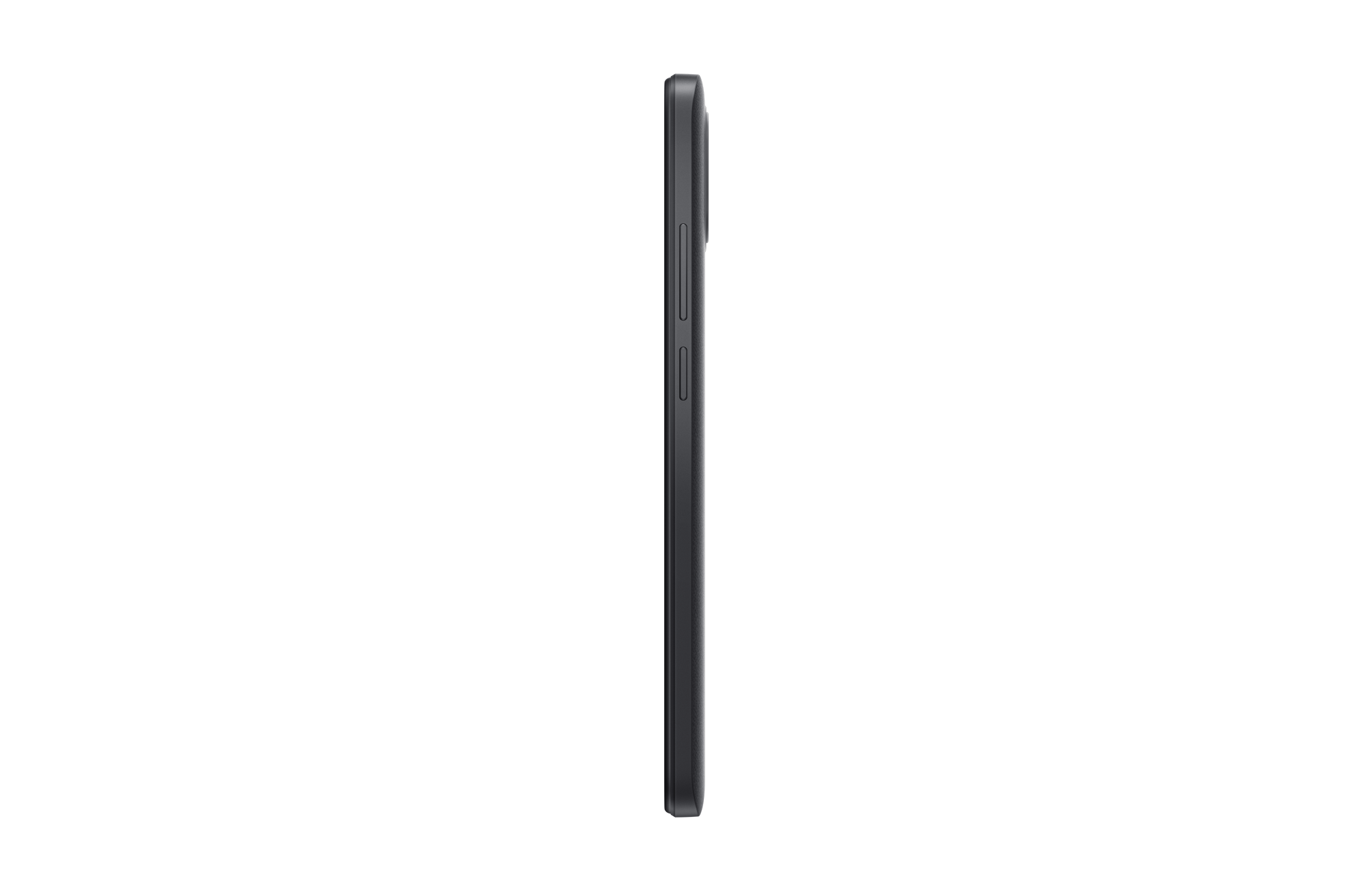 Zijaanzicht van een zwarte smartphone tegen een zwarte achtergrond.