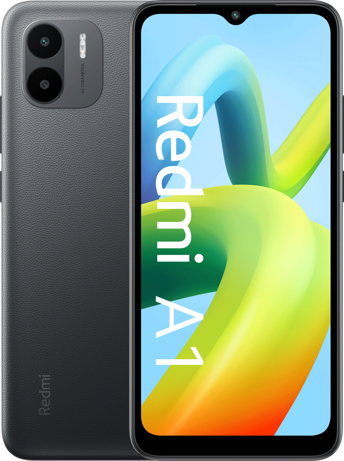 Smartphone met twee camera's, zwarte achterkant en kleurrijk ontwerp op het scherm, met 'Redmi A1'.