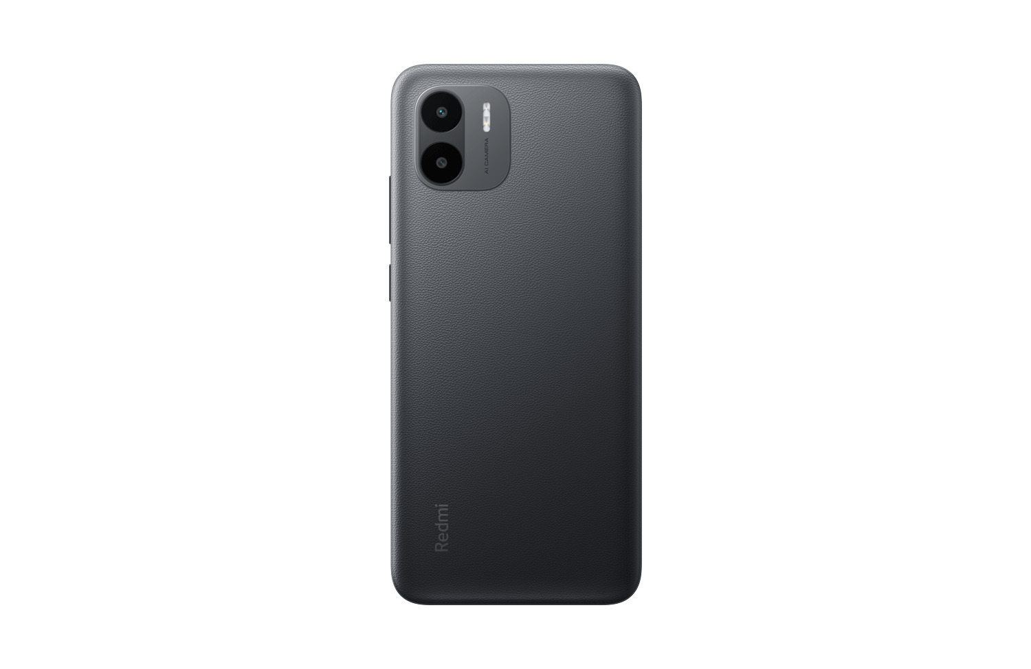 De achterkant van een donkergrijze mobiele telefoon met twee camera's. Zwarte achtergrond.