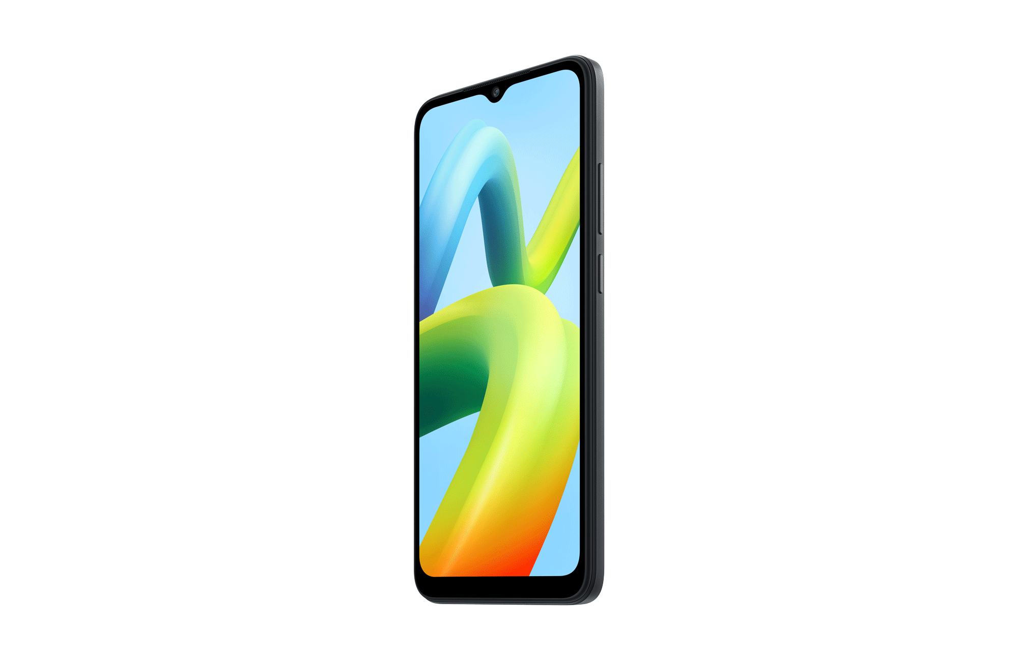 Een zwarte smartphone met een kleurrijk abstract ontwerp op het scherm.