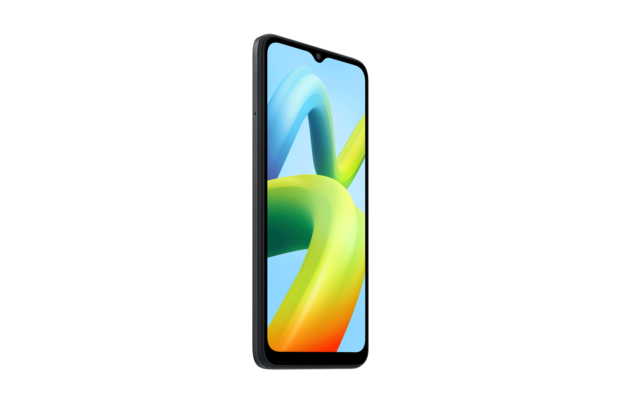 Een zwarte smartphone met een abstracte kleurrijke afbeelding.