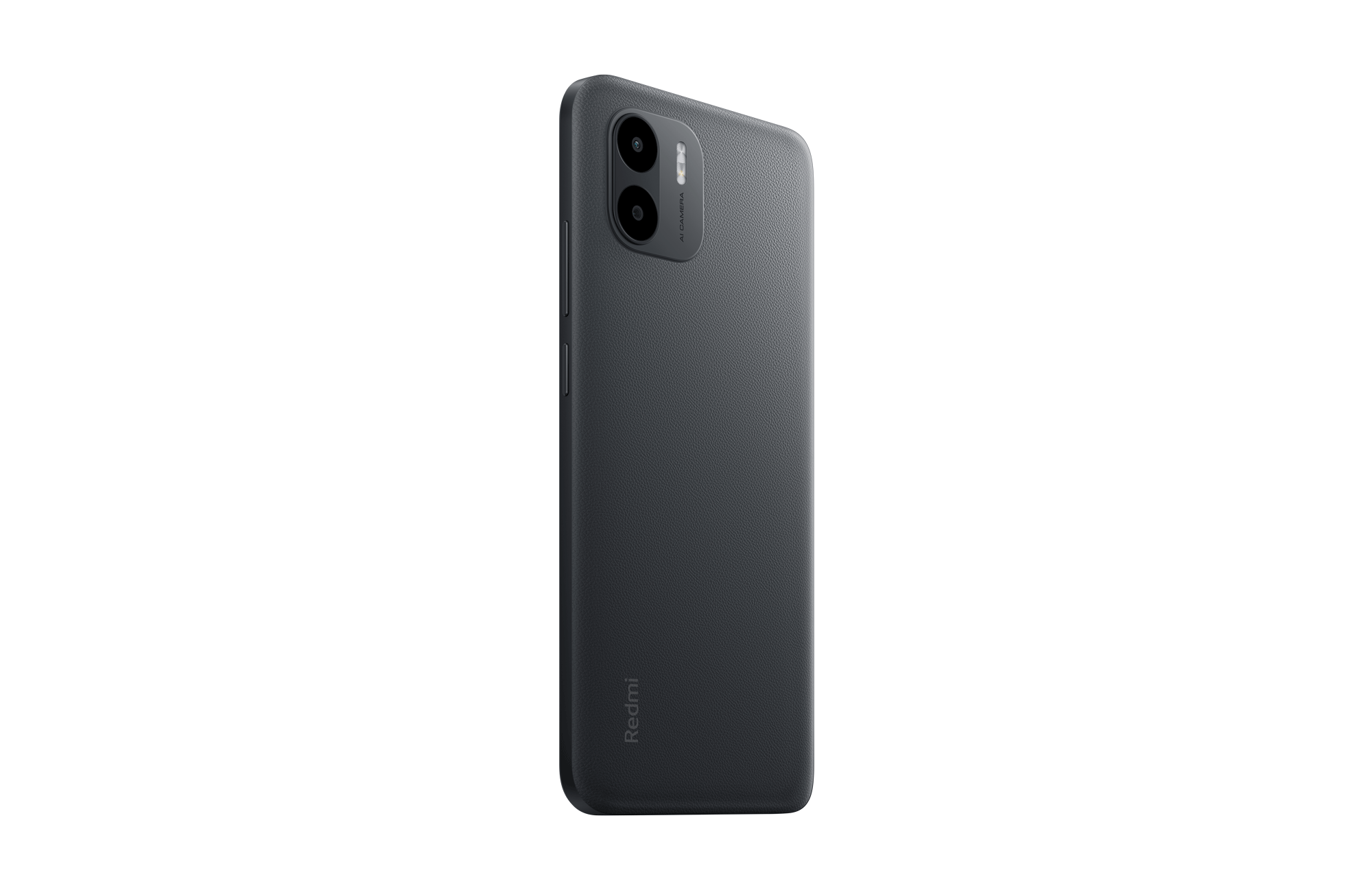 Een donkergrijze smartphone, licht gekanteld, met de achterkant zichtbaar. Het Redmi-logo is zichtbaar.