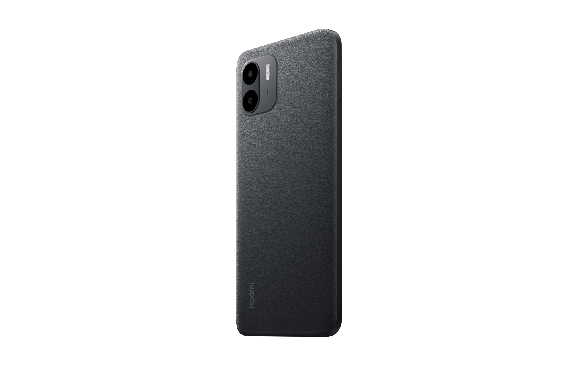 Achterkant van een donkergrijze smartphone met dubbele camera en Redmi-logo.
