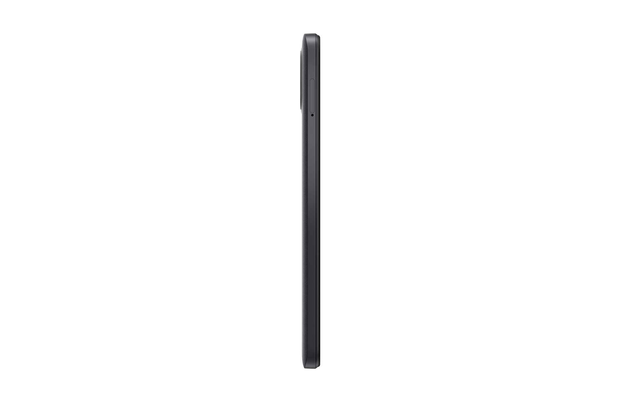 Zijaanzicht van een zwarte smartphone met een zwarte achtergrond.